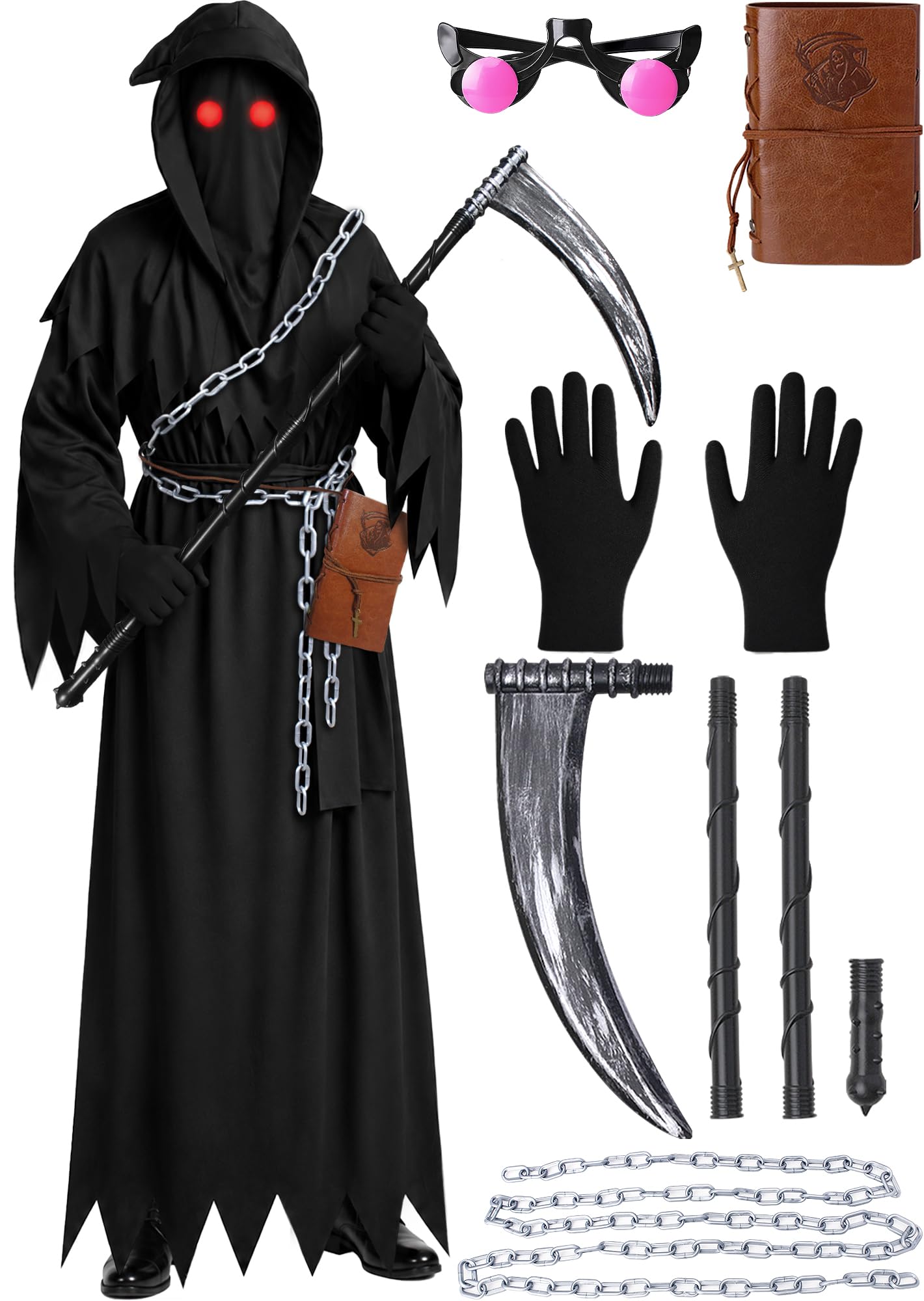 Grim Reaper Costume Adult,7 PCS Scary Halloween Costumes for Men
