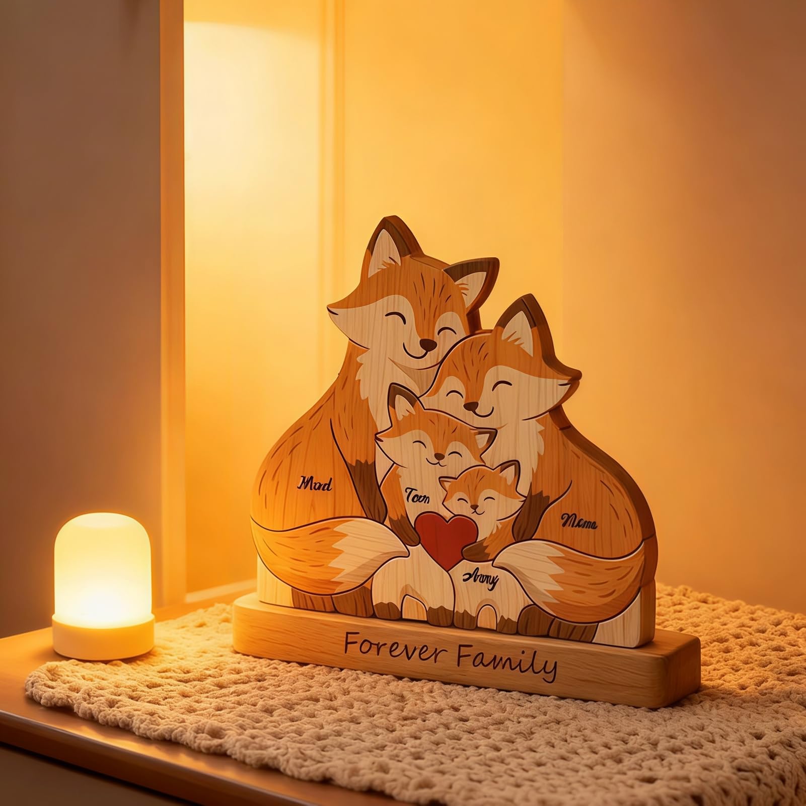 Drawelry Puzzle en Bois Personnalisé Famille avec Figurine Animale Gravée, Décoration Maison Cadeau pour Maman Papa Enfant Renard-A