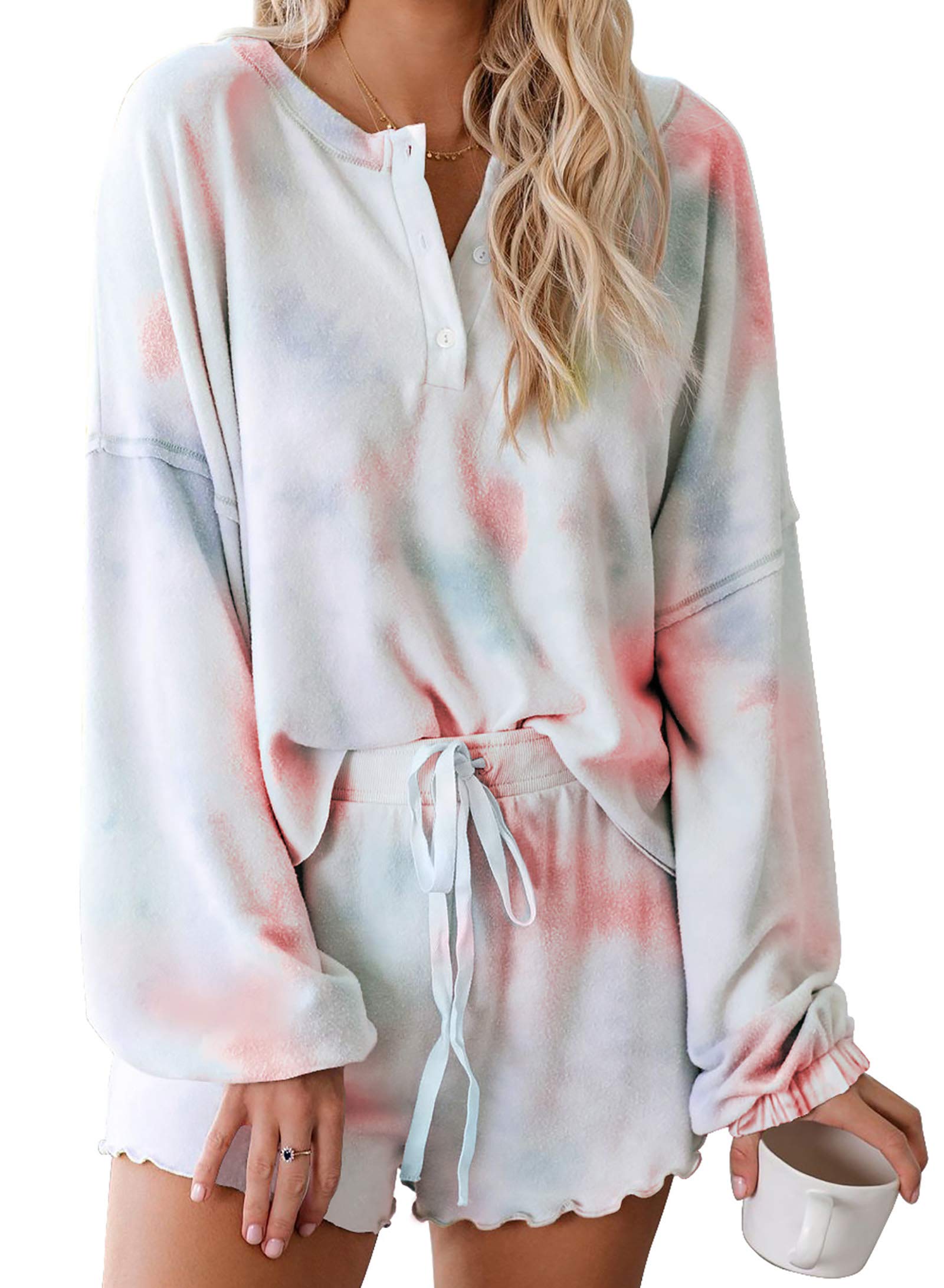 BTFBM Women Pajamas Tie Dye Print Long Sleeve Shirt Elastic Drawstring Shorts Pant PJ Set Sleepwear Loungewear Nightgown