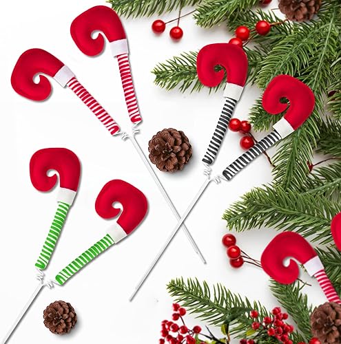 Miniatura 7 de 6 pares de adornos de árbol de patas de elfo de Navidad de 9.4 pulgadas con alambre fijo a rayas de felpa rellenas de patas de elfo decoraciones