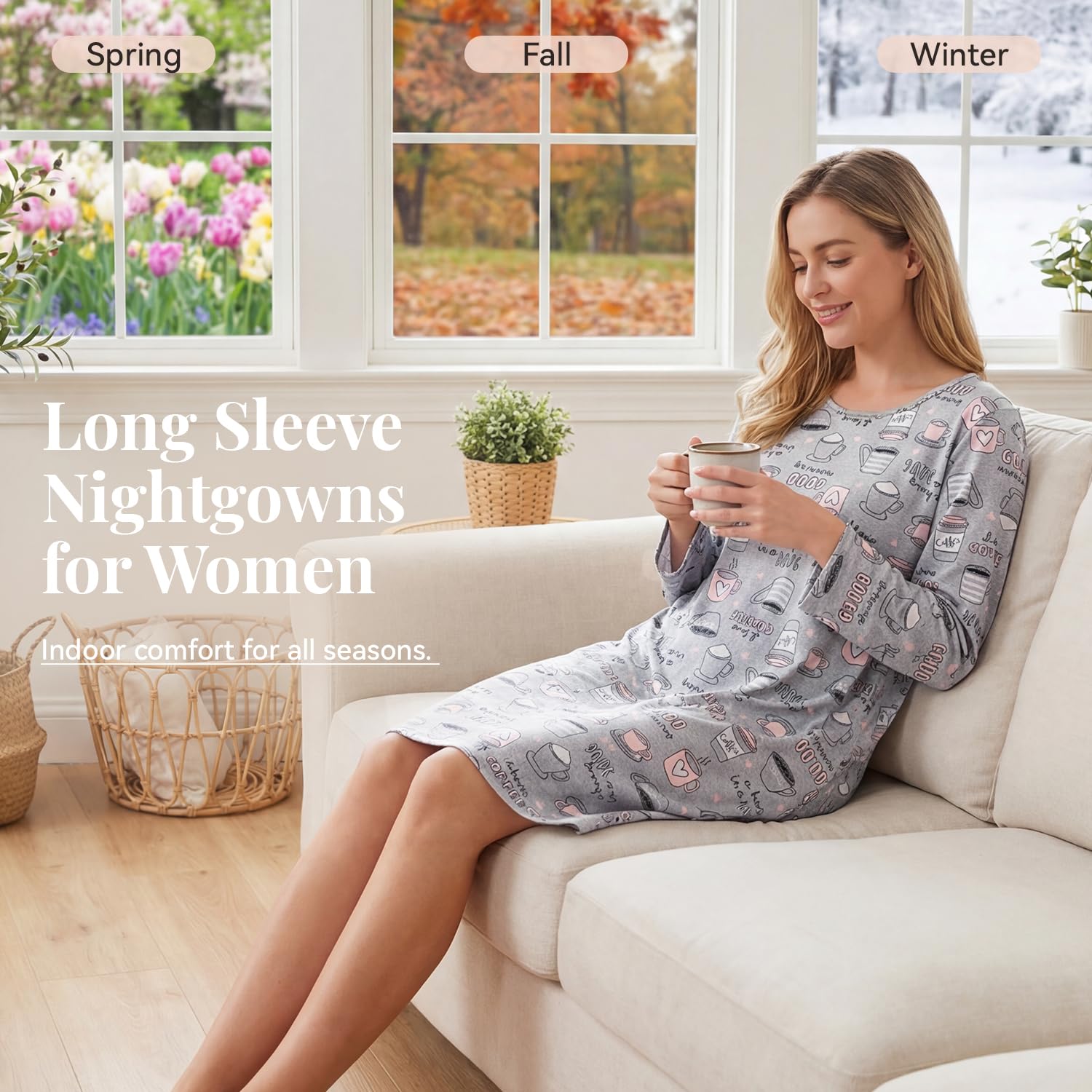 American Trends Camisones de manga larga para mujer, camisas de dormir, camisas de noche, vestido de casa, vestido de noche para mujer