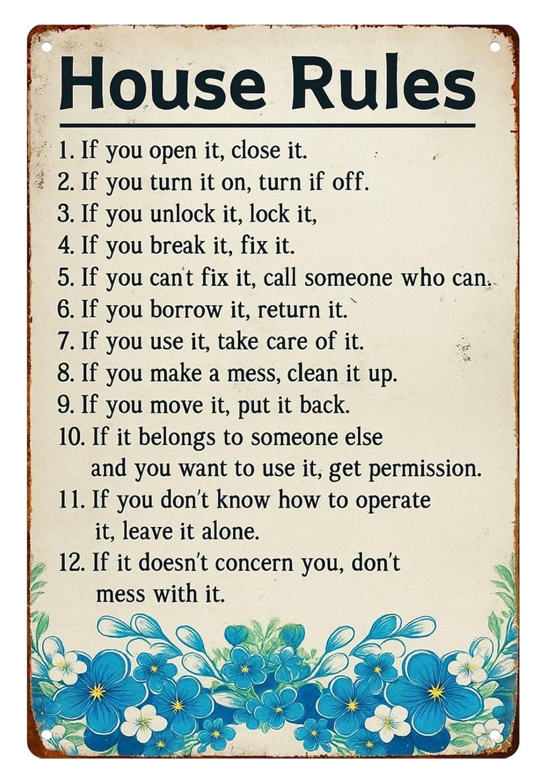 XHAJCSJWGD House Rules Retro Metal Sign Vintage Wall-Art for Bathroom Kitchen Dining Room Hallway Entryway Mudroom Laundry Room Home Accent Wall Hanging 8 X 12 inch