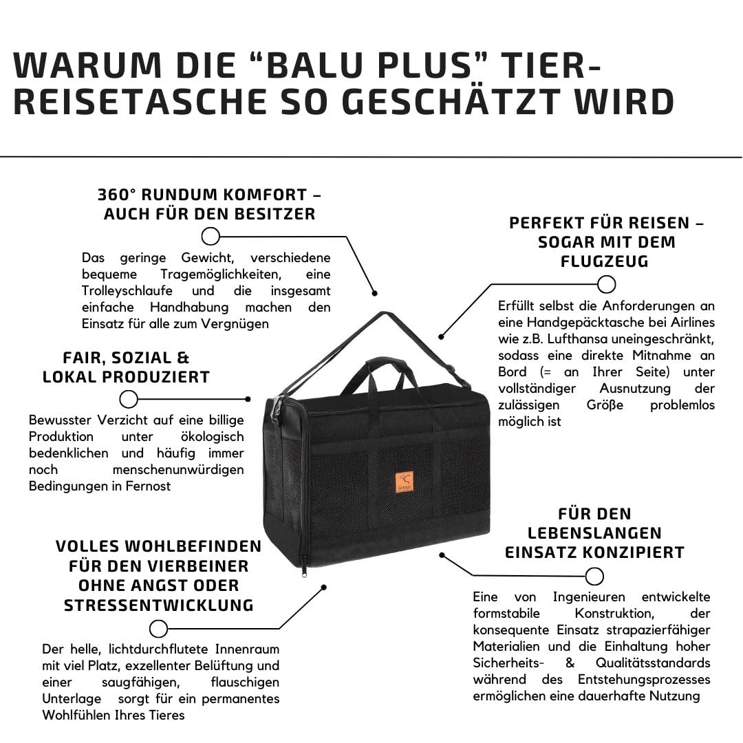 Hunde-Reisetasche Flugzeug 55×40×23 cm Balu Plus – Hundetasche & Katzentransporttasche für Flugzeugkabine, Airline-konform, extra leicht, auslaufsicher & mit Trolleyschlaufe