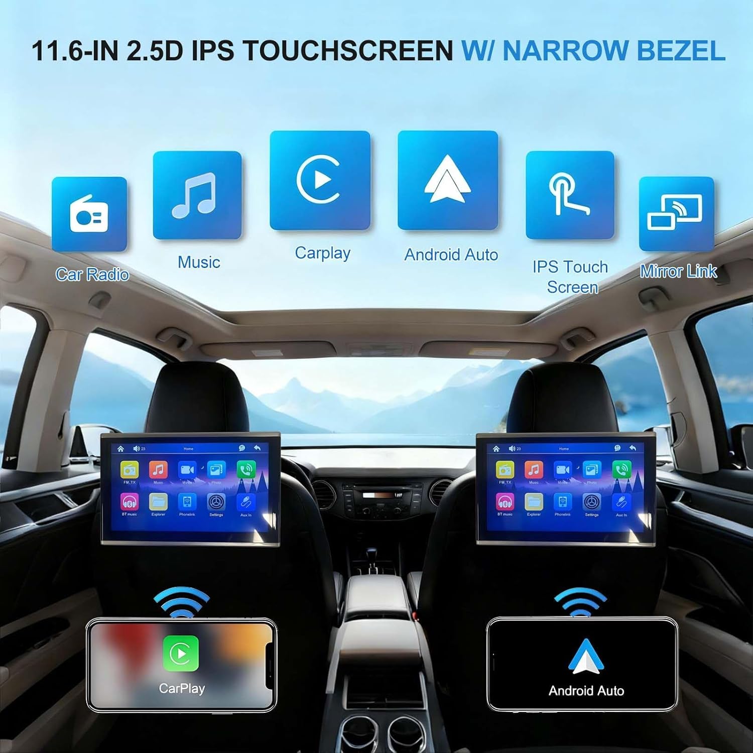2pcs 4K IPS HD Car TV Headrest Monitor for Cars Back seat, Support Phone Cordless Mirror Link Touch Screen, AV Input/Output,USB/TF Card - Portable Multi-Media Video Player 11.6inch