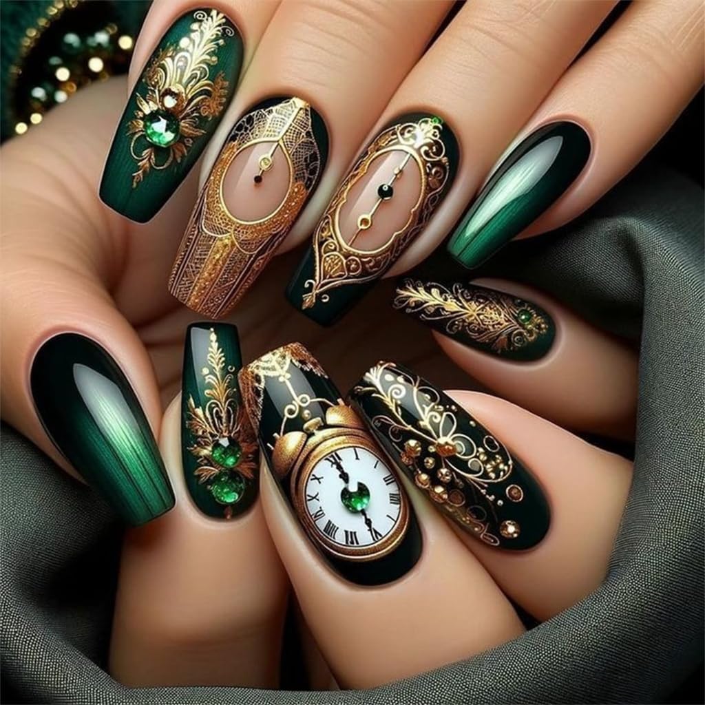 ZYHARUKO False Nail Long Coffin Press On Nails Gradients Green Black Square Full Covers Artificial Faux Nails with Vintage Clock Print 24Pcs