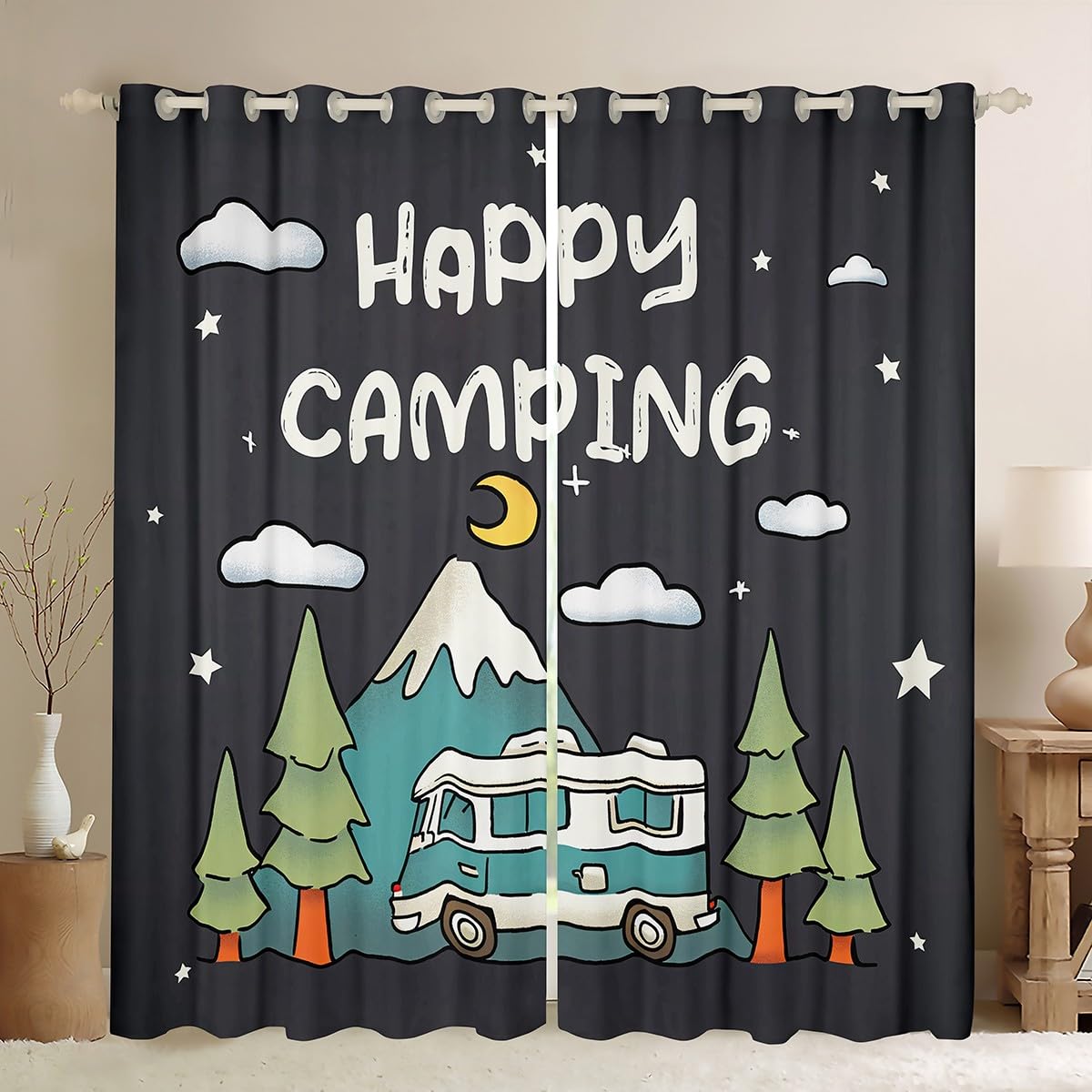 Homemissing Camper Curtains (2 Panels,W46*L72) For Bedroom Kids Girls Boys Happy Camping Window Curtains Cartoon Camping Car Blackout Curtains Camping Room Decor Window Treatments โ image 1