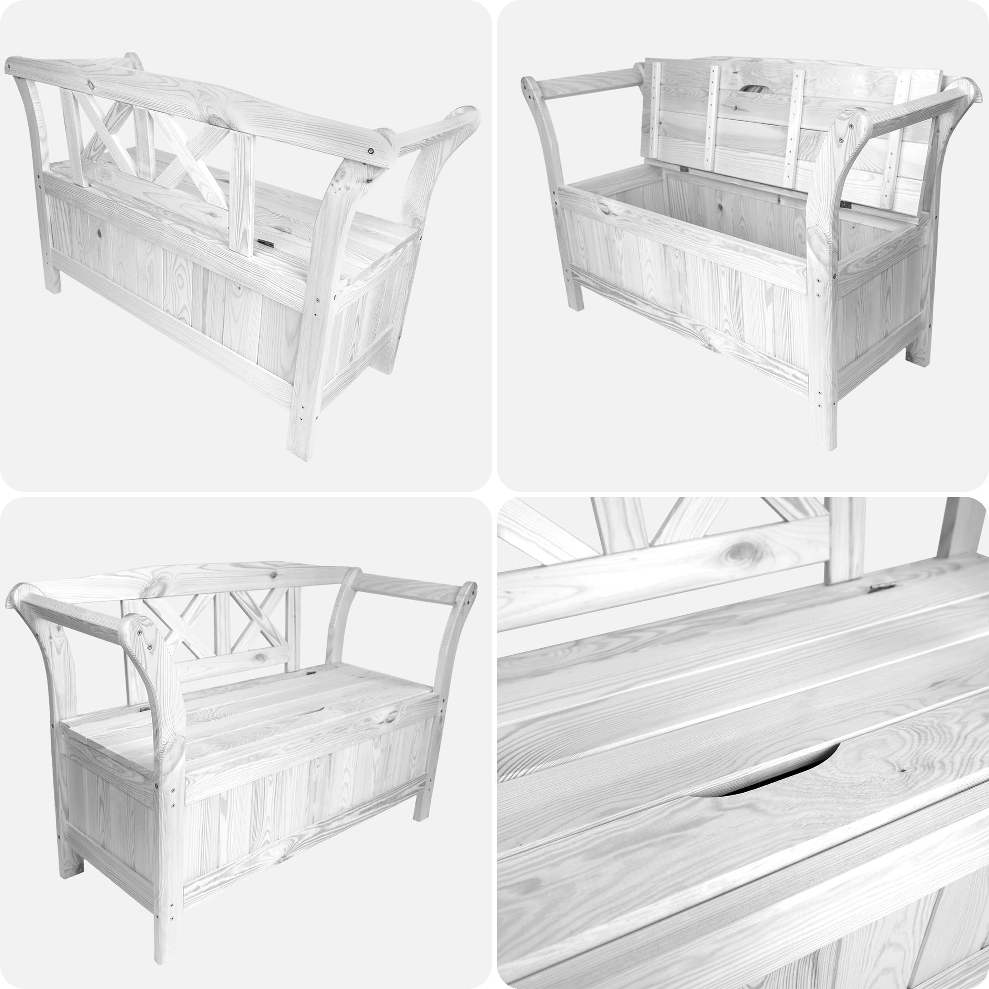 KADAX Gartenbank, 119x45x73 cm Banktruhe aus Einer Holzfaserplatte, Sitzbank mit Stauraum und Rücklehne, Holzbank für Garten, Balkon (119 cm/Weiß)