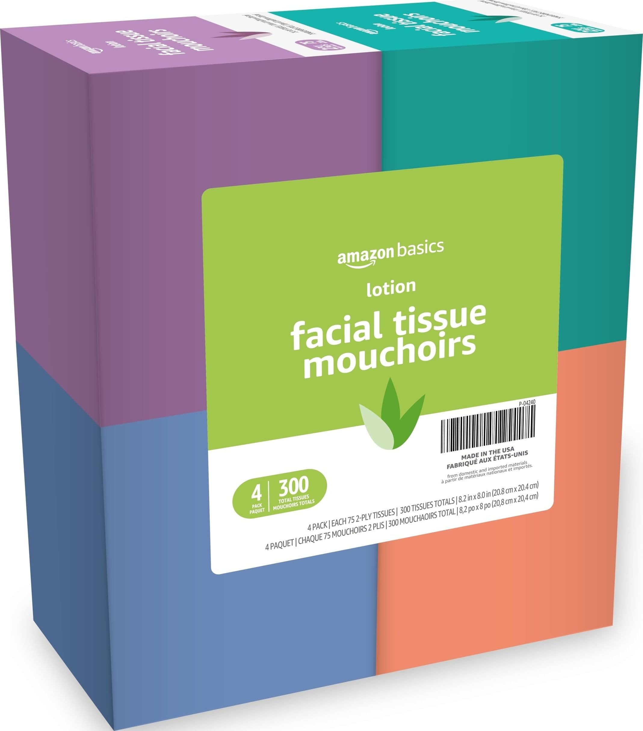 Amazon Basics Facial Tissues with Lotion, 2-Ply, 300 Count (4 Boxes, 75 Tissues per Box), Packaging May Vary