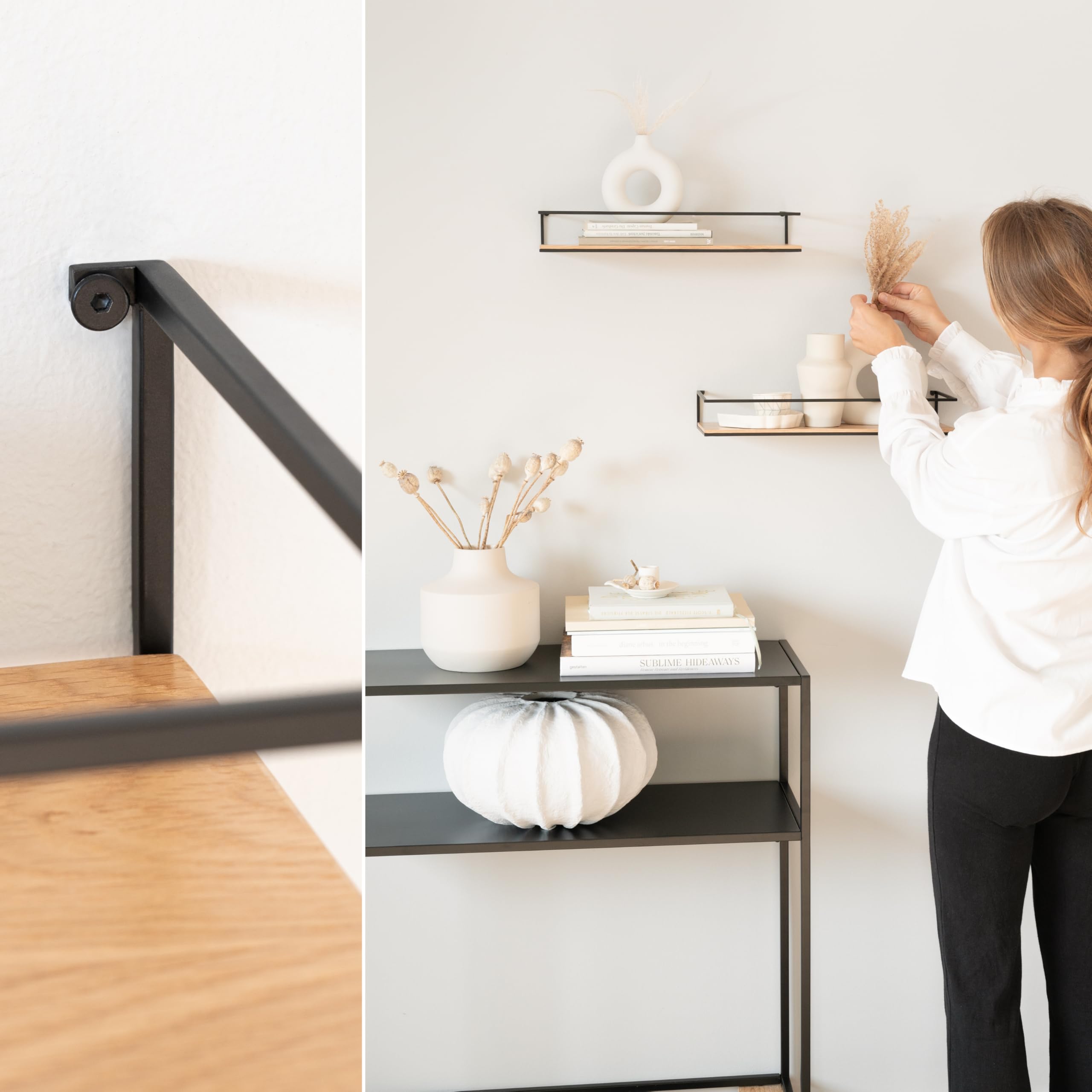 Kazai. Lot d'Étagères Murales -STENN- | Tablettes Murales en Métal et Bois Véritable Placage | Étagères Flottantes pour Salle de Bain, Salon, Cuisine, Chambre et Plus | Chêne