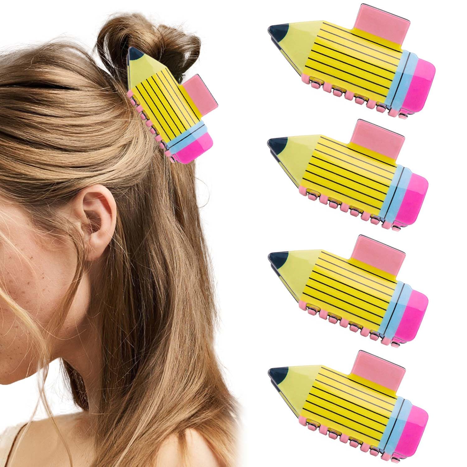 Tihebax Pencil Hair Clips Teacher Gifts 4Pcs Teacher Hair Claw Clips for Women Funny Cute Teacher Hair Accessories for Women & Students Back to School