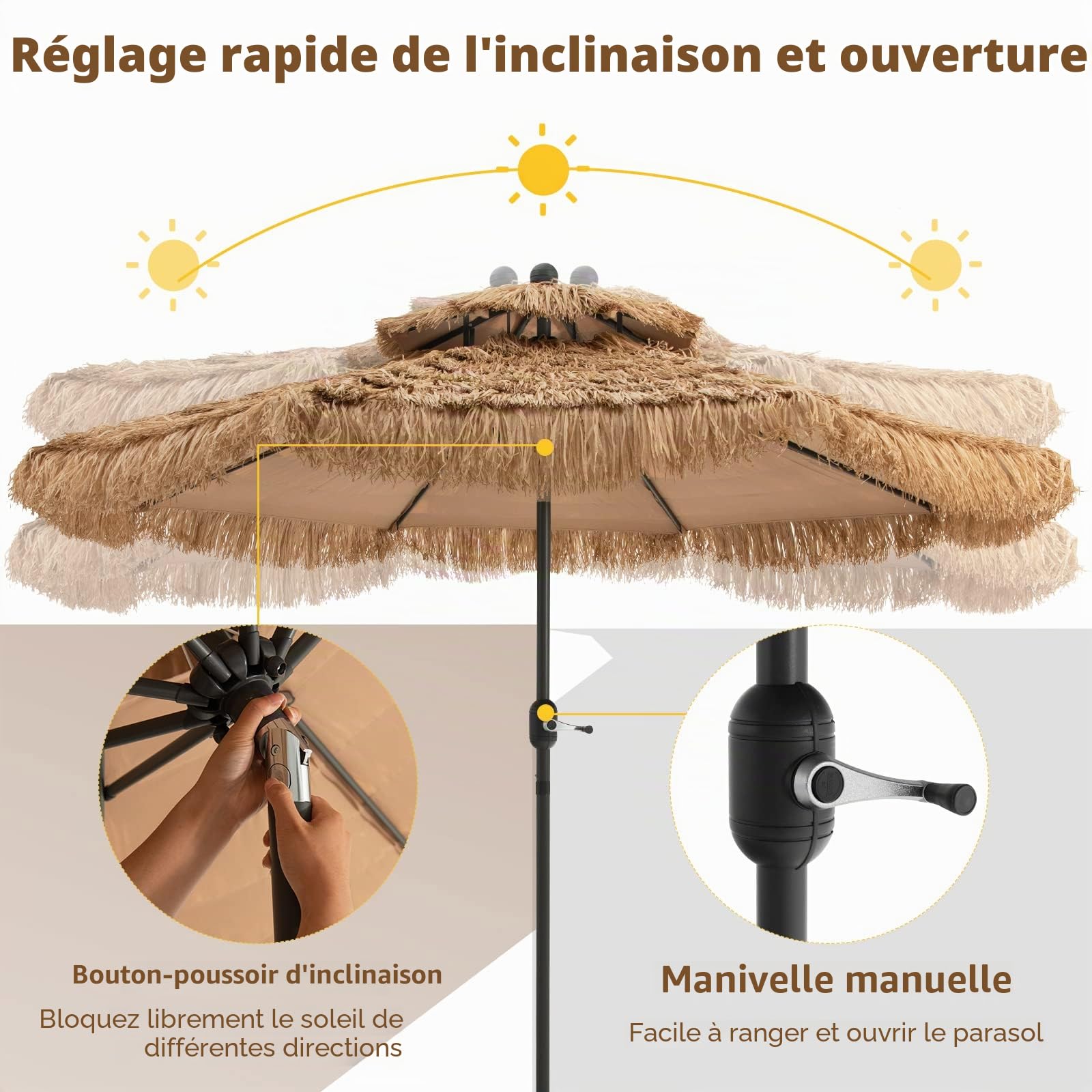 KOMFOTTEU φ265cm Parasol de Jardin Exterieur, Hawaïen, 2,4m de Haut