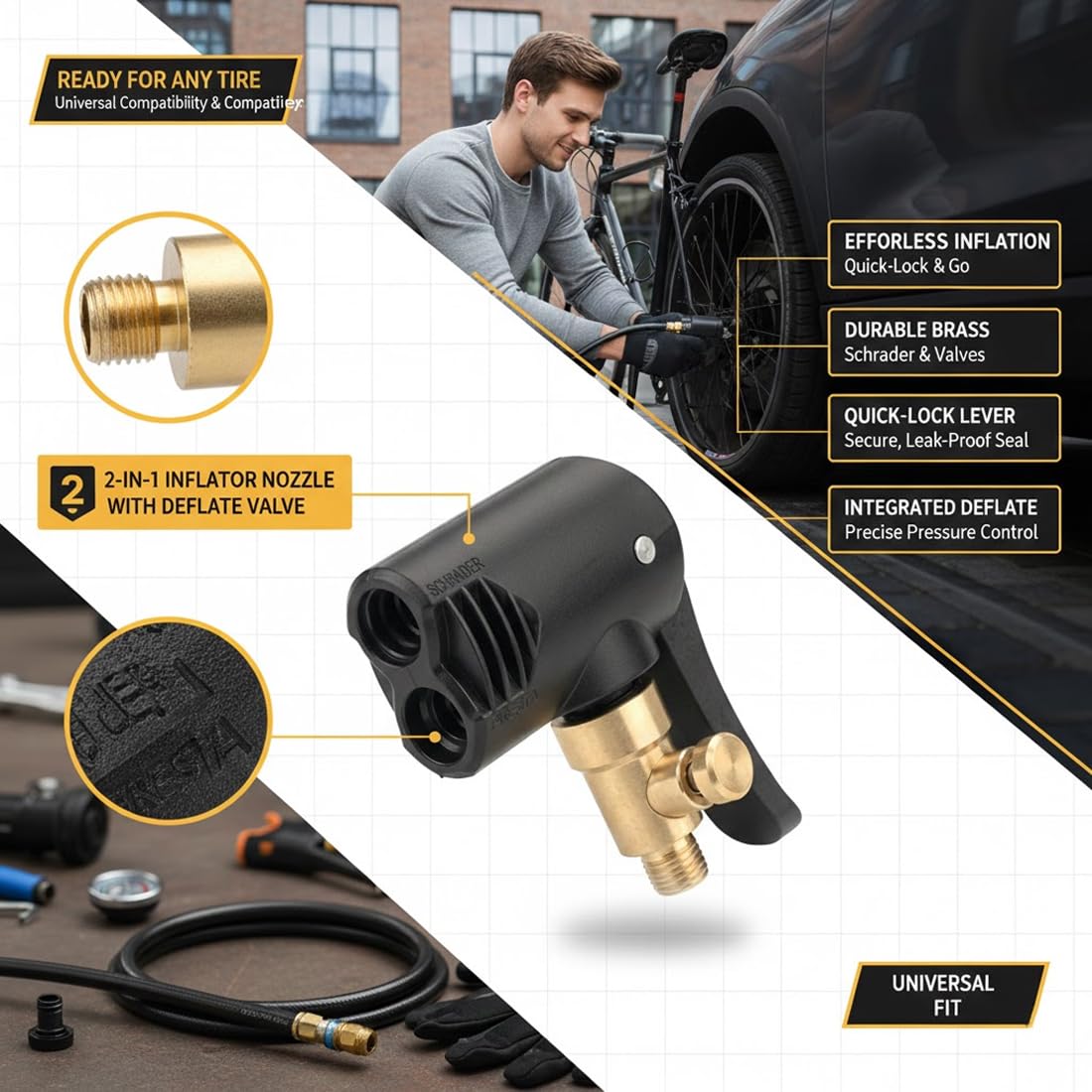 Adattatore 2-in-1 Testa di Riempimento Aria, Air Chuck in Ottone, Accessori Compressore Aria per Bicicletta, Auto, Moto, Pompa d'Aria e Compressore Portatile - 4