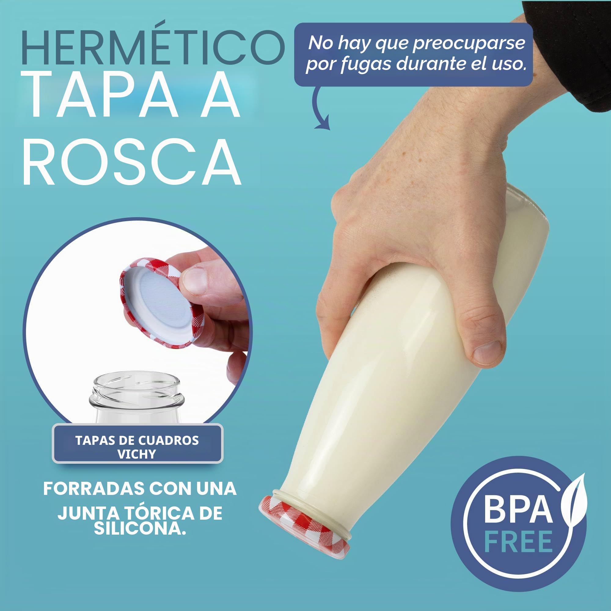 HEFTMAN Botellas de leche de vidrio con tapas, vacías de 500 ml, juego de 6 botellas de leche de vidrio herméticas con tapas de cuadros rojos para bebidas, HM3301