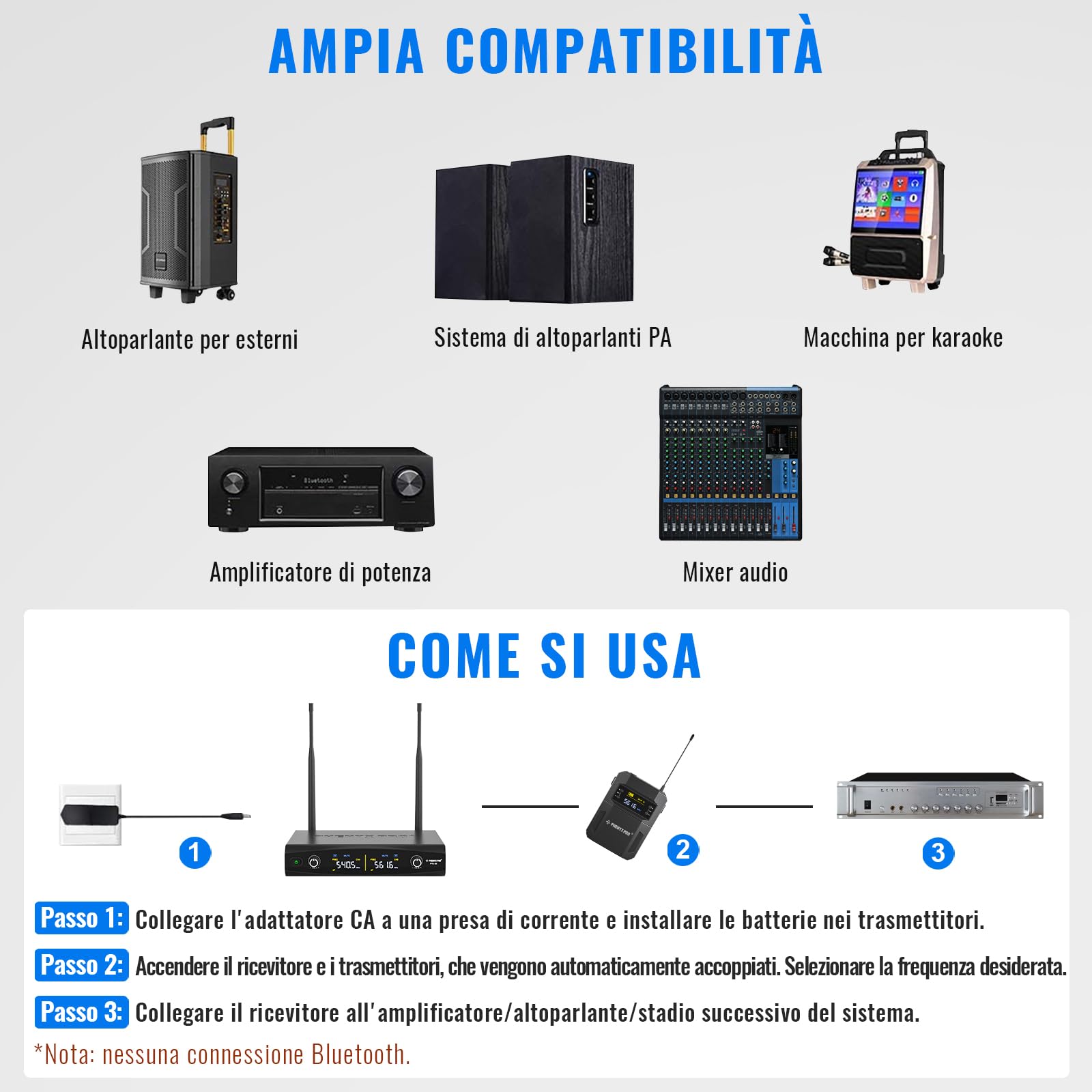 Phenyx Pro Sistema Microfono Wireless UHF a 2 canali PTU-52-2B | Auto Pair, 2 bodypack, microfoni headset/lavalier, 2 × 30 frequenze, portata 200 ft, vivavoce, chiesa