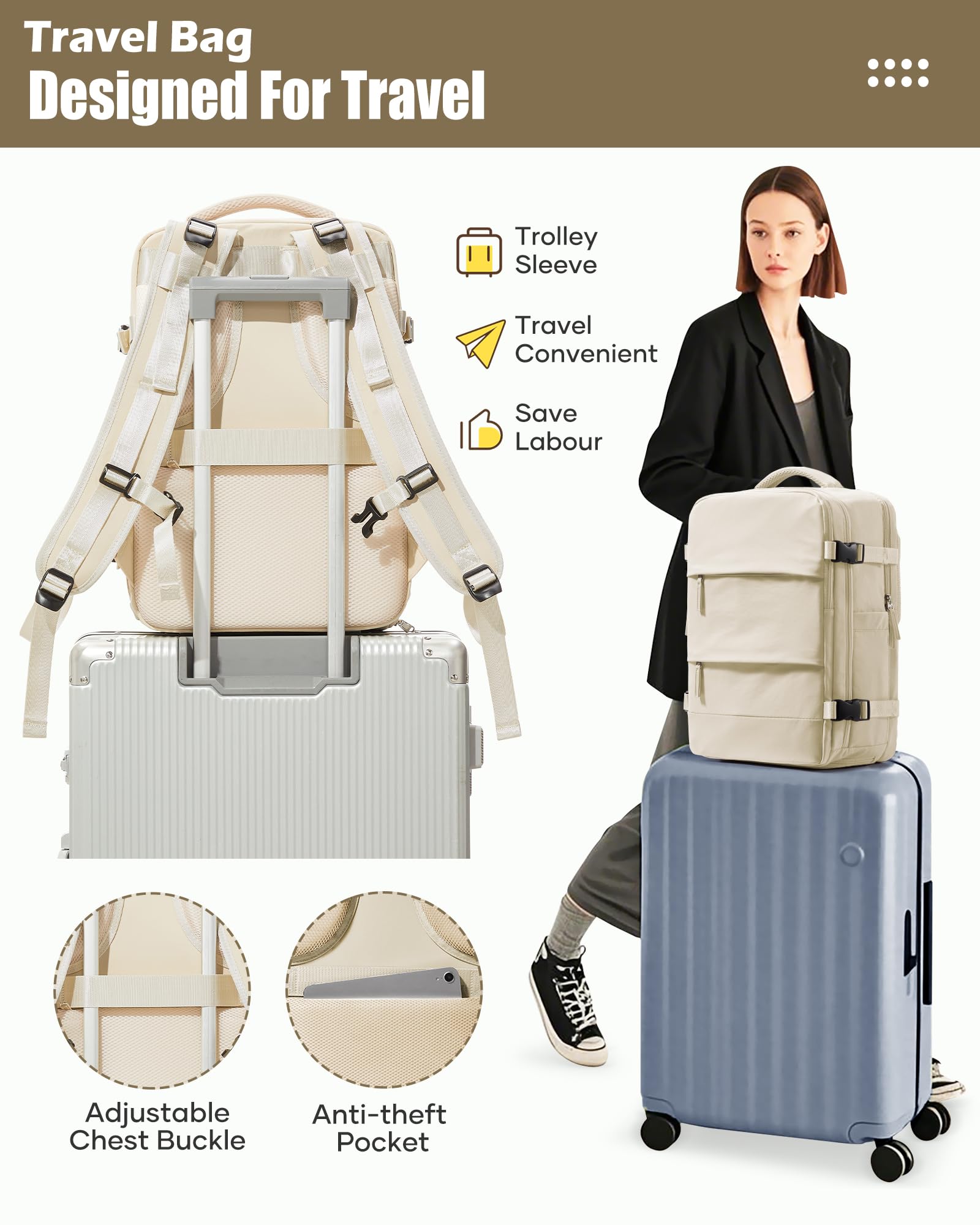 BJLFS Borse da Cabina per Ryanair 40x30x20 Zaino Wizzair Sottovuoto da viaggio 40x20x25 Bagaglio a Mano con compressione sottovuoto,Zaino Easyjet 45x36x20,Zaini Casual per laptop da 14 pollici