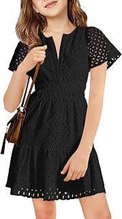 Girls Summer Dresses Kids V Neck A Line Hollow Out Party Mini Dress for 5-14 Years - Buy now