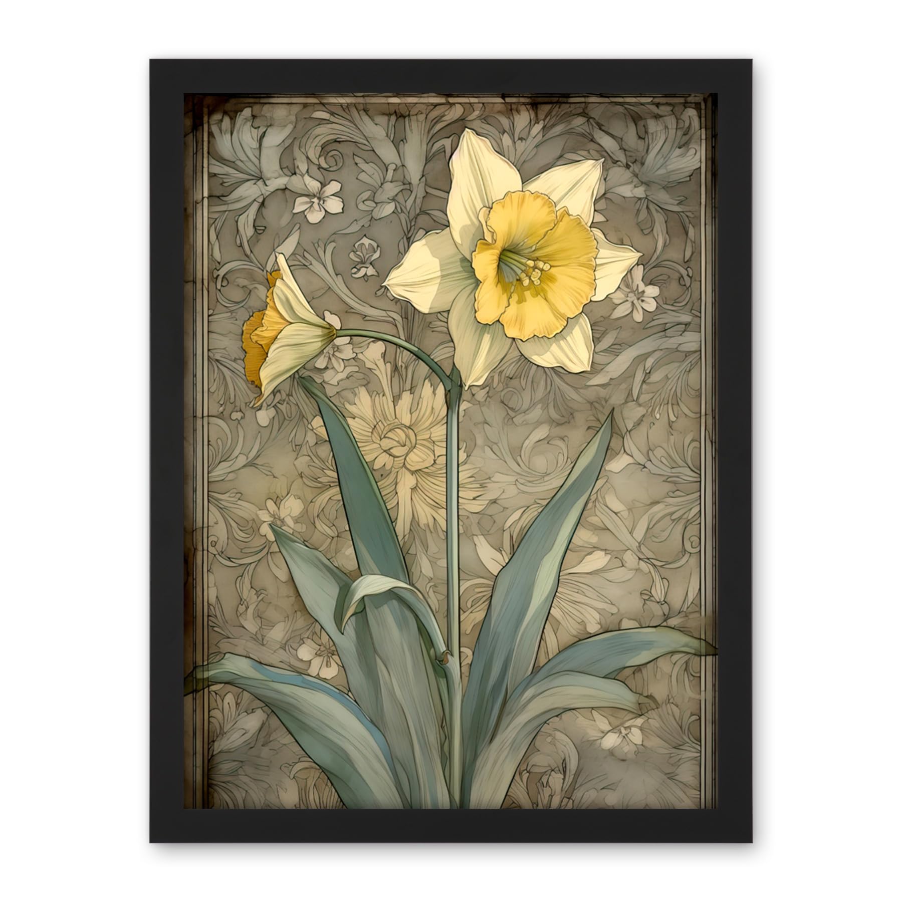Artery8 Daffodil Flower Pastel Watercolour Art Nouveau Artwork Framed Wall Art Print 18X24 Inch