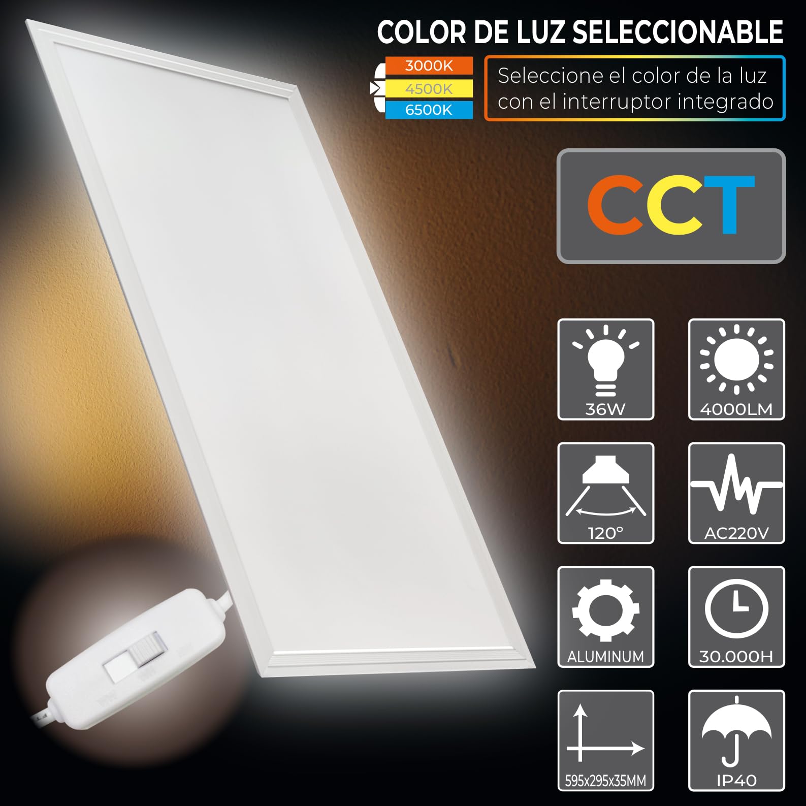 LED ATOMANT Confezione da 2 Pannello LED 60x30cm 36W, CCT (Selettore di Colore Bianco Caldo, Neutro e Freddo), 4000 Lumen, Driver incluso