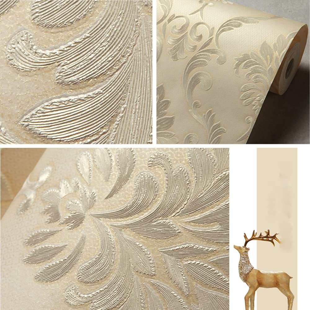 20.87Wx393.7L Damask 3D Embossed Modern Minimalist Restaurant Bedroom Living Room TV Background Non-Woven Wallpaper 20.87Wx393.10L Non-Pasted (Beige) - Image 4