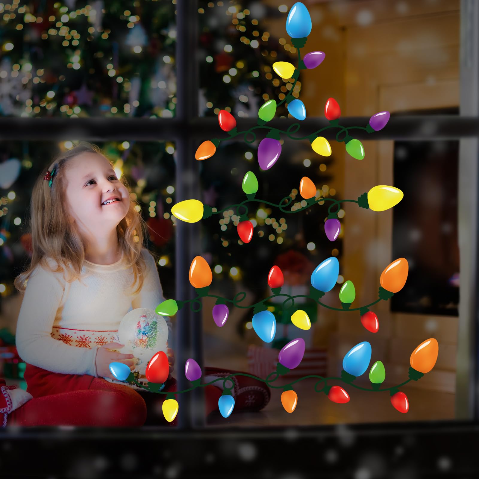 9 Blatt Weihnachtsbirne Licht Fenster Aufkleber Winter Weihnachten Auto Kühlschrank Dekorationen Aufkleber Tür Fenster Jahreszeiten Aufkleber für Urlaub Xmas Weihnachten Home Küche Wohnzimmer (Birne