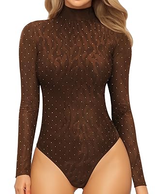 MANGOPOP Women's Mock Turtle Neck Long Sleeve Tops Bodysuit Jumpsuit