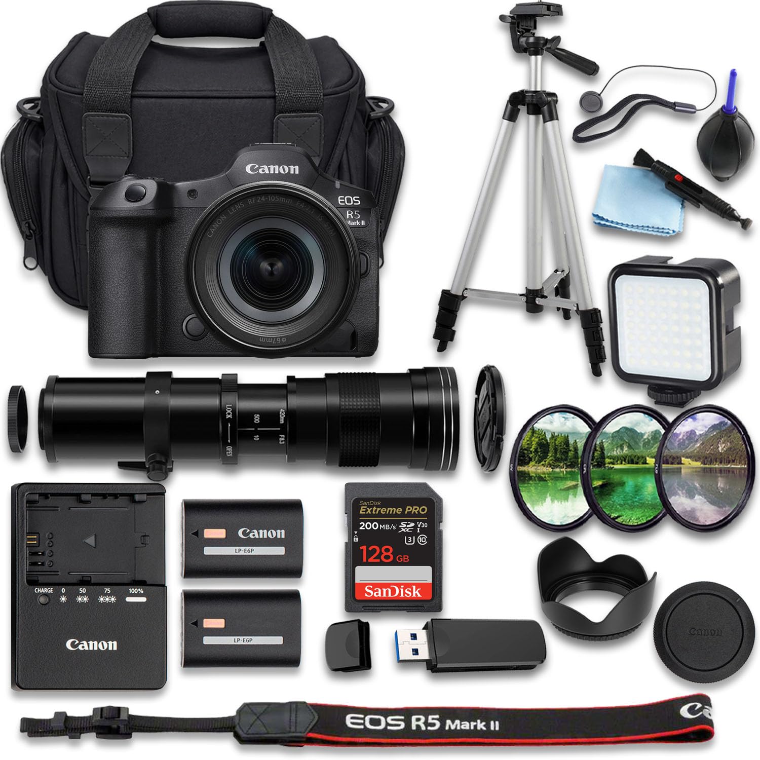 Canon EOS R5 Mark II Mirrorless Camera with + RF 24-105mm f/4-7.1 is STM + 420-800mm f/8 Telephoto Lens + SanDisk Extreme Pro 128GB + Extra Battery +