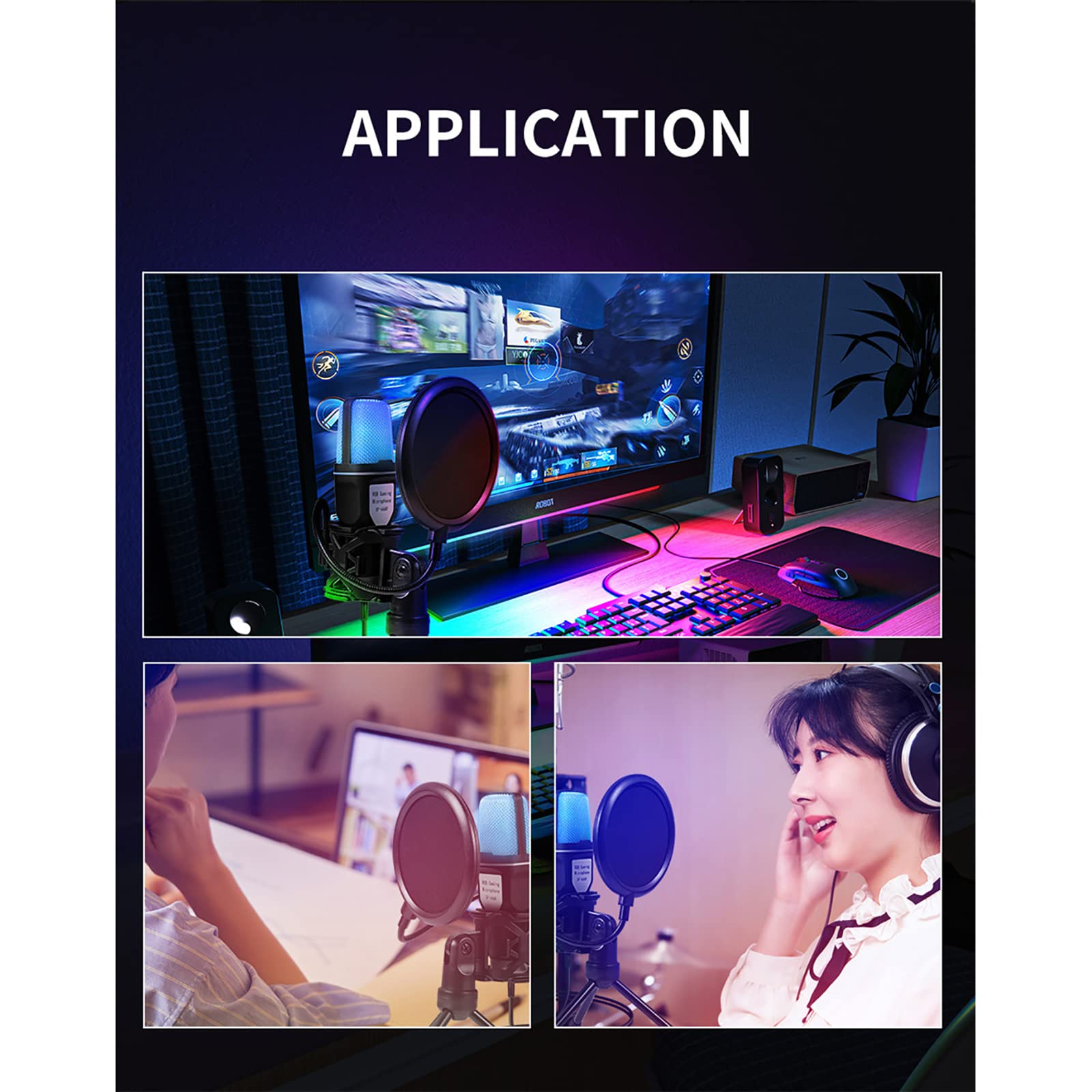 Mikrofon Komputerowy, RGB 7 Mikrofon Do Grania Z Gradientem Kolorów Z Filtrem Pop I Składanym Stojakiem Do Studia Podcastów Streaming Laptop Komputer Stacjonarny