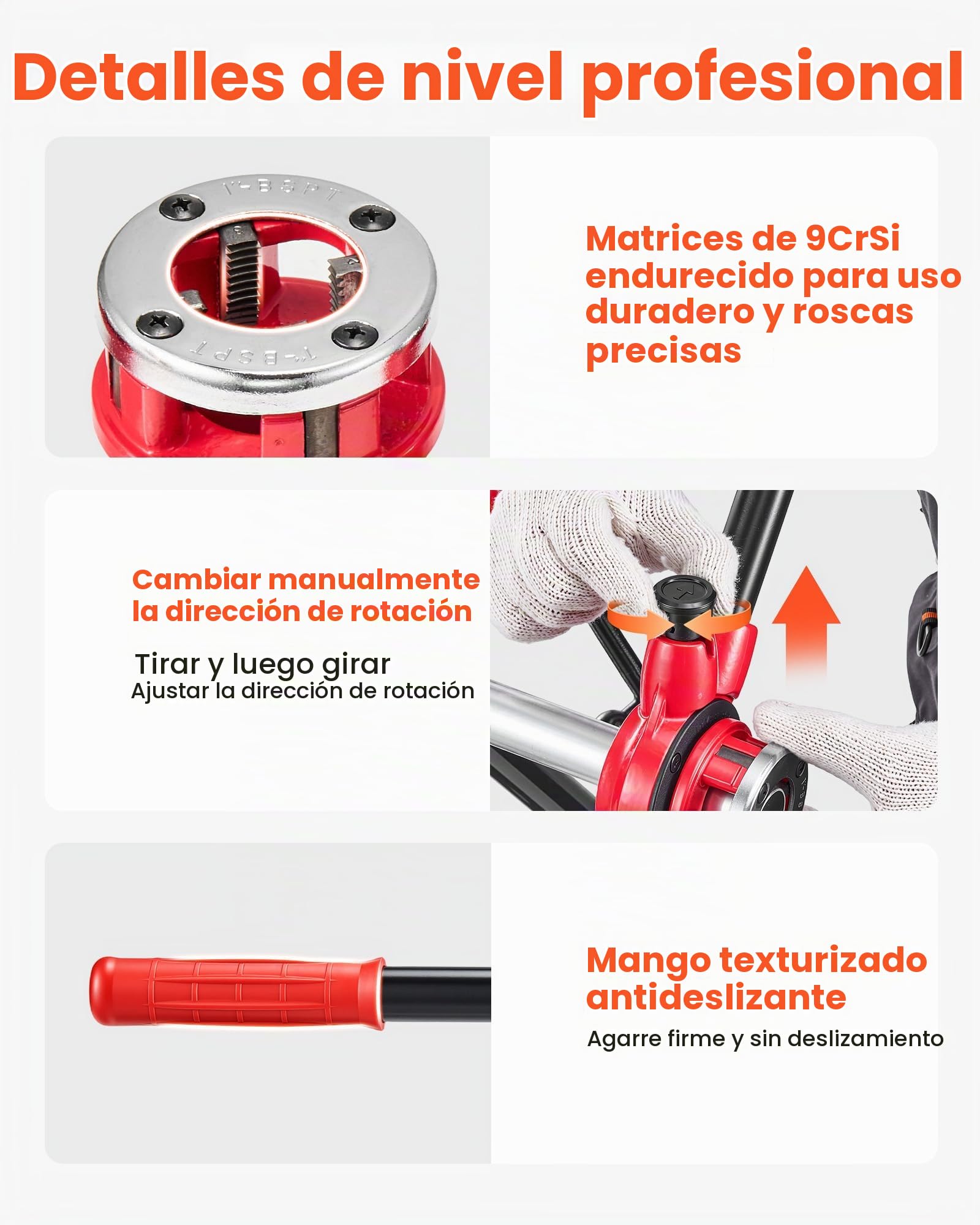 VEVOR Kit de Roscado de Tuberías con Trinquete, Roscadora Manual para Tubos con Trinquete, Juego de Terrajas con 3 Medidas BSPT, Mango y Maletín Portátil para Reparación y Instalación de Tuberías