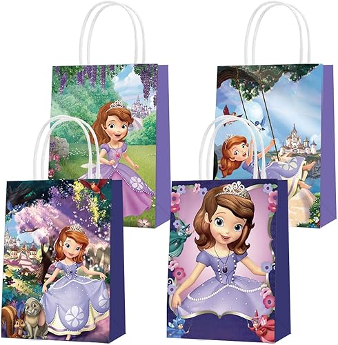 16 bolsas de fiesta temática de Sofia the First, cuatro diseños únicos para niñas y niños, suministros de fiesta de princesa Sofía, bolsas de regalo