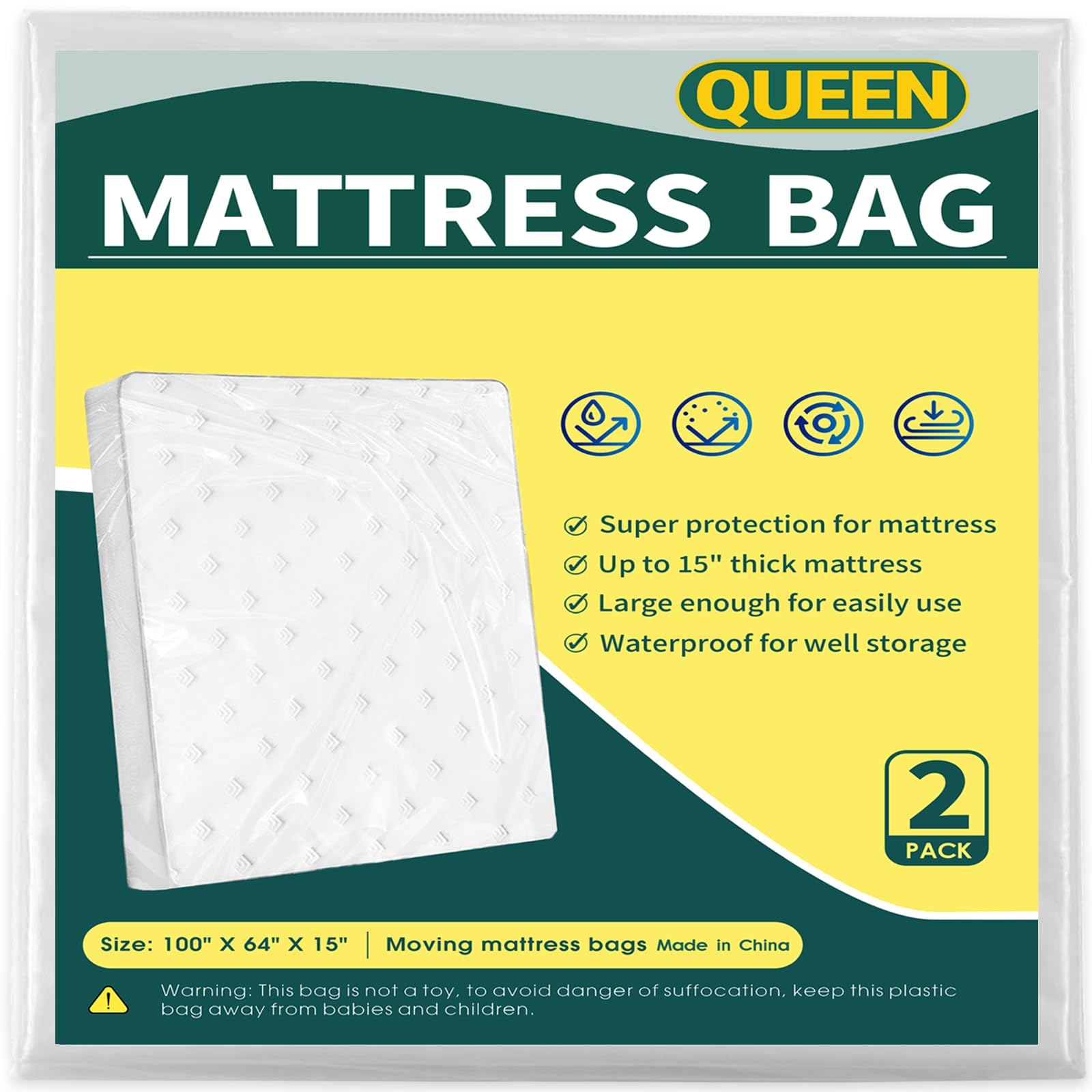 2PK Queen Mattress Bags for Moving and Storage,100 x 64 x 15 Inches, Plastic Mattress Protector Covers for Moving, Waterproof Mattress Bed Bags