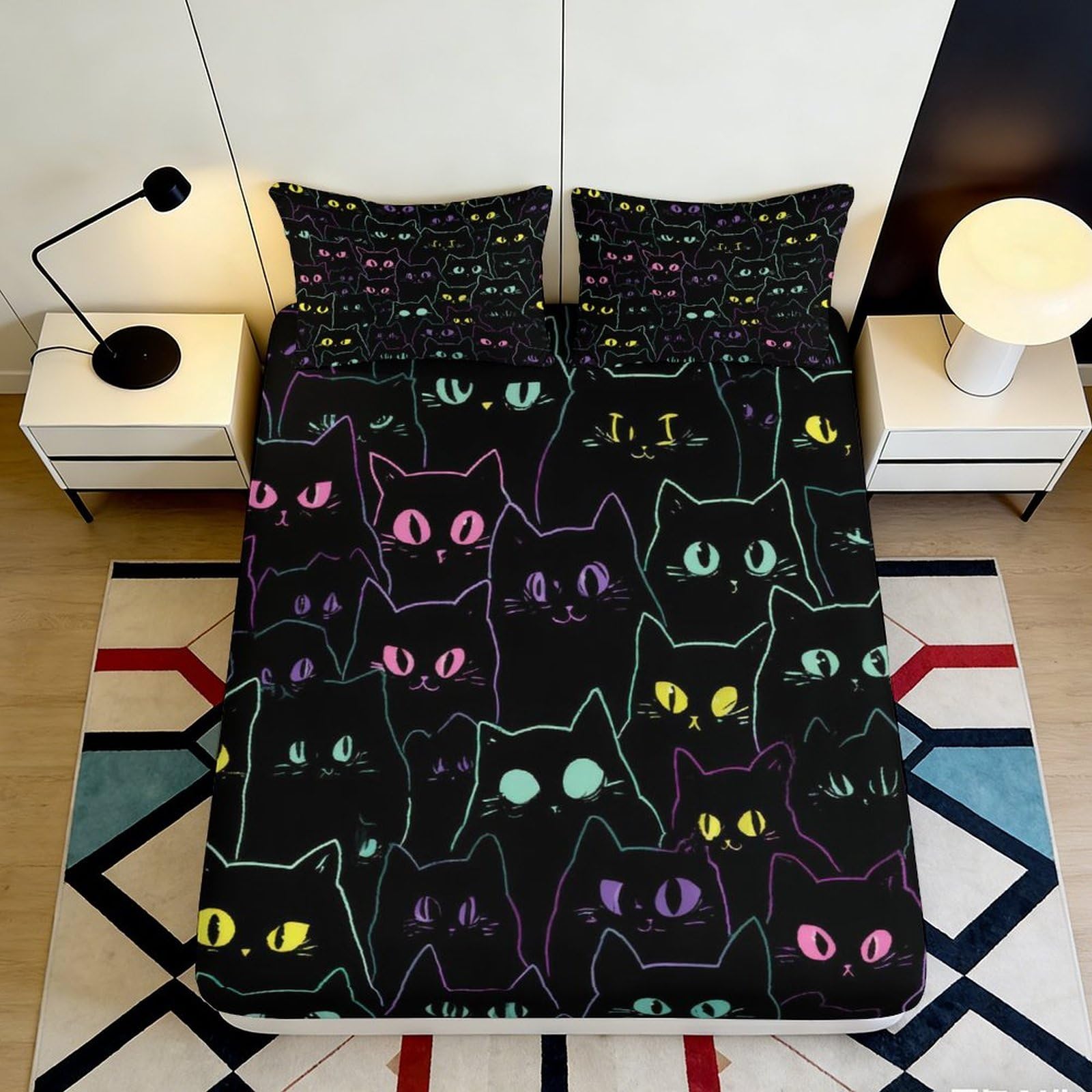 3D Printed Colorful Cat Eyes Fitted Sheet Microfiber Soft Breathable Neon Outline Bed Cover for Bedroom Dorm Mattress Protection 90x200x25cm