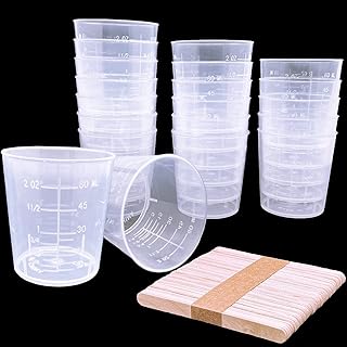 30 Pcs Plastic Graduated Cups, 60ml/2oz Clear Scale Cups with 50 Pcs Wooden Stirring Sticks for Epoxy, Resin, Stain, Mixing Paint