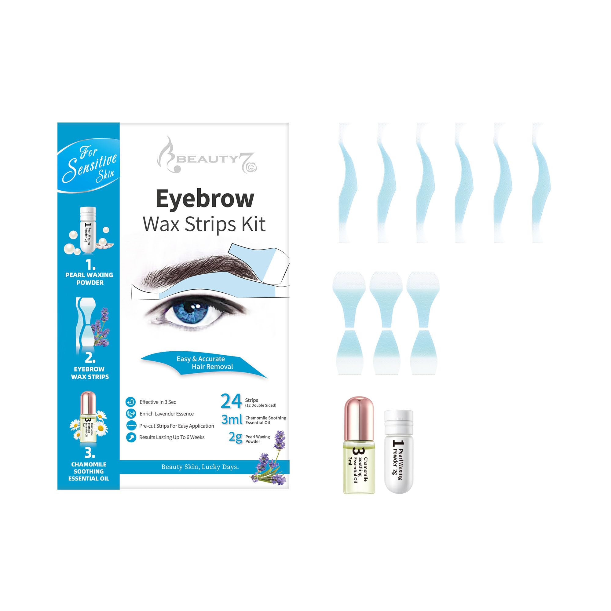 MEN Eyebrow Wax Strips Kit,24 Strips Pearl Powder 2g Essential Oil 3ml,men wax strips,Eyebrow wax strips for men Eyebrow for Sensitive All Skin Types lavender