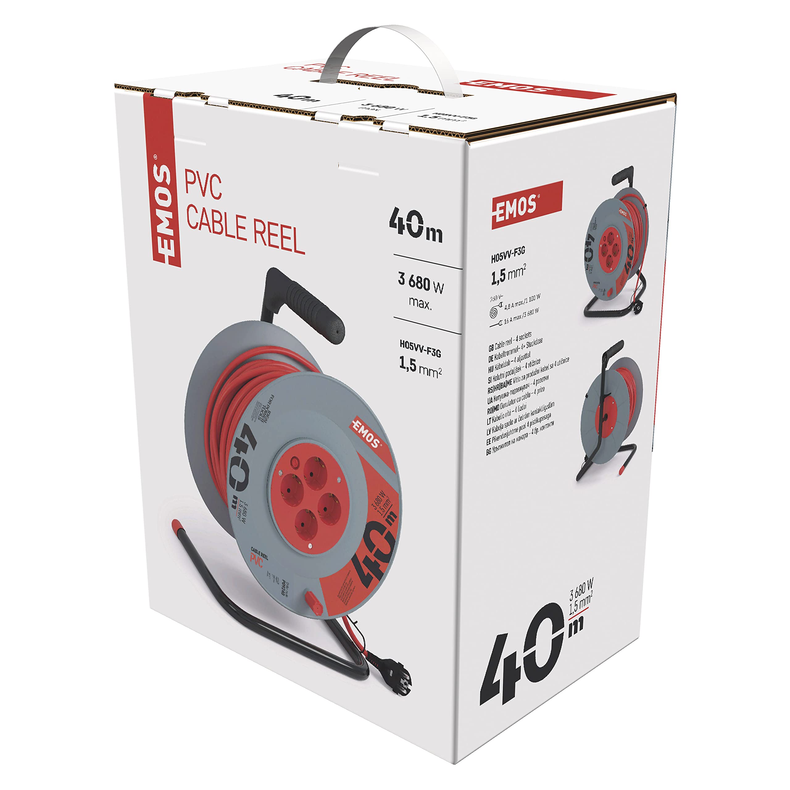 Emos - Tambor de Cable Profesional, Cable de 40 m con 4 enchufes, Enchufe de 1,5 mm, plástico Especial, Uso en Interiores (para casa/Taller/caravanas)