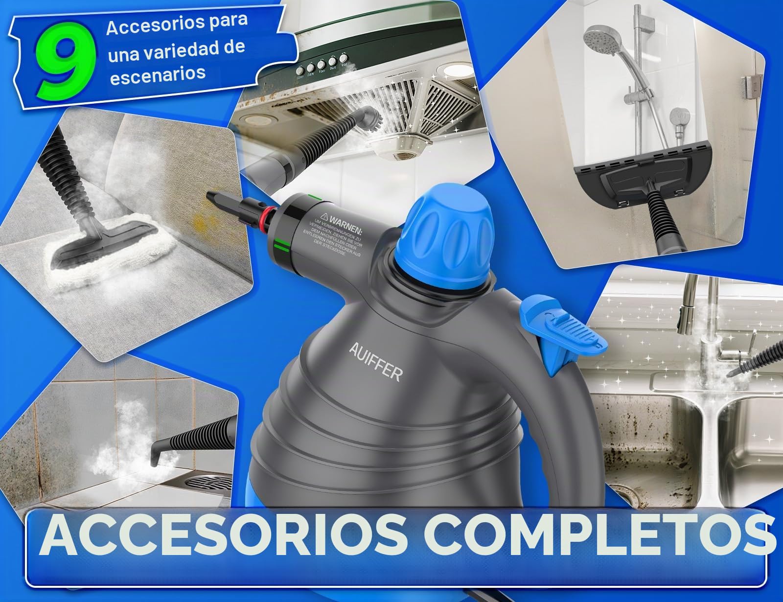 Limpiador a Vapor Portátil, Alta Presión y Temperatura para Rincones y Grietas Difíciles,100% sin Químicos Vaporeta de Mano con 9 Accesorios, para la Cocina el Baño y el Lavado de Coches al Aire Libre