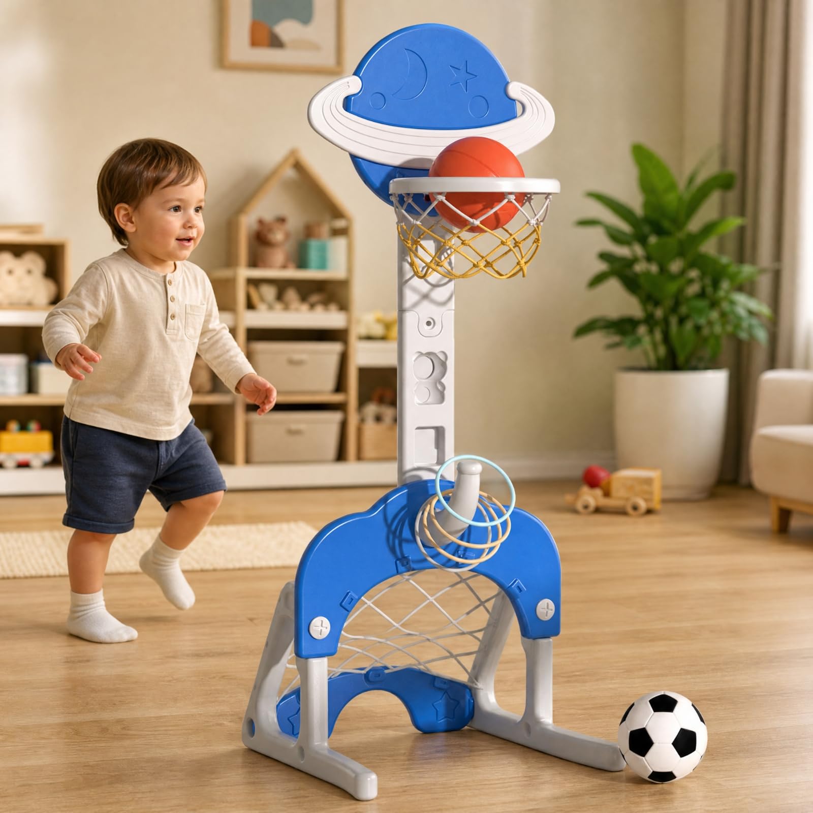predolo da Basket Regolabile per Bambini Stabile da Basket con Tabellone a Tema Planetario Robusto Stazione di Gioco