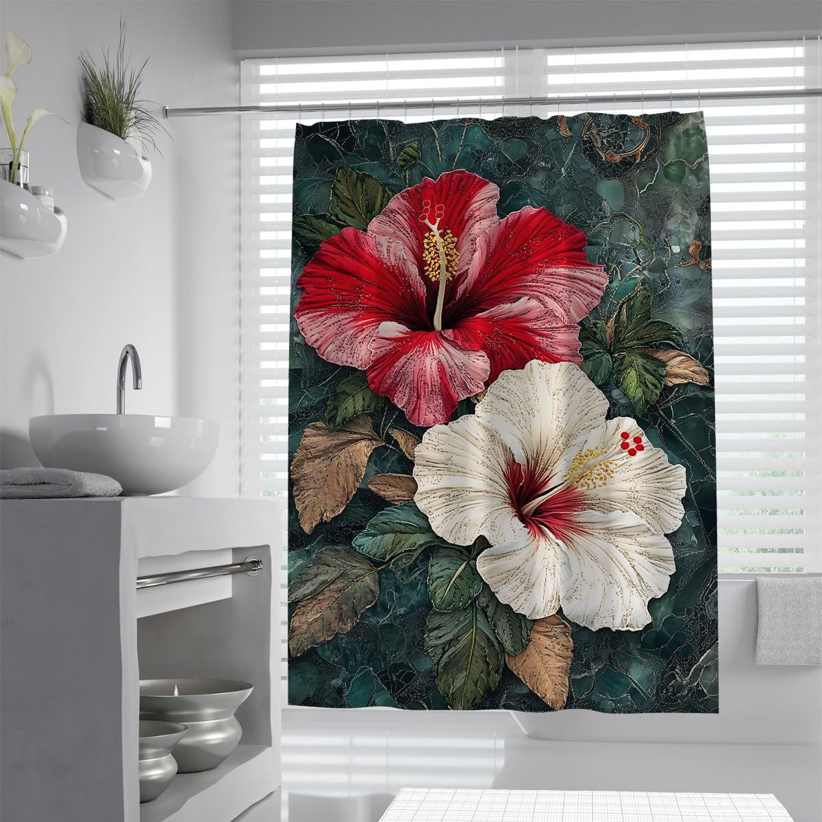 UIRINGART Artistic Botanical Hibiscus Shower Curtain W180xL180cm Big Red White Flower Pattern Machine Washable Quick Dry Bath Curtains For Bath Tub With Hooks