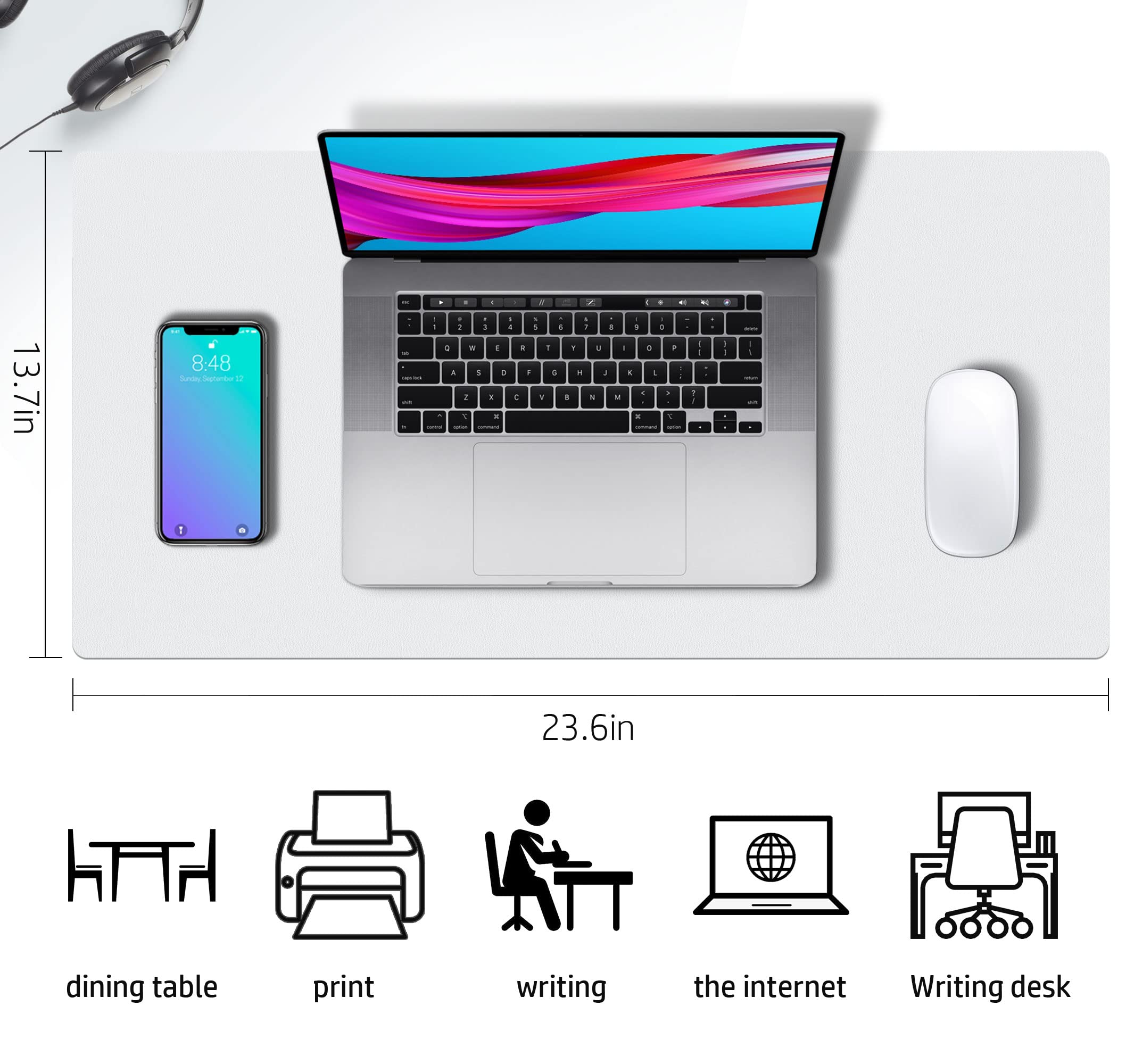 Desk Mat Large Protector Pad - Multifunctional Dual-Sided Office Desk Pad,Smooth Surface Soft Mouse Pad, Waterproof Desk Mat for Desktop, Pu Leather Desk Cover for Office/Home(White, 23.6" x 13.7")