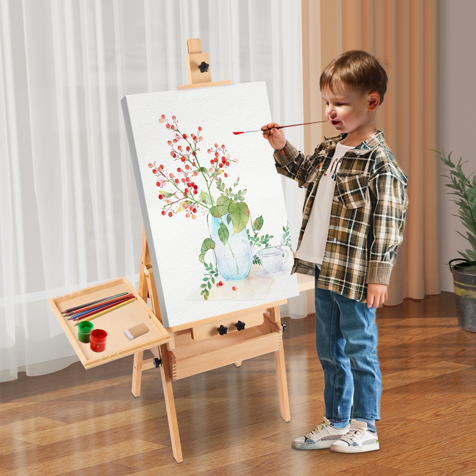 Verstellbarer Malständer, Staffelei aus Holz mit Ablagefach, Atelierstaffelei für Kinder & Erwachsene Kunstunterricht, 44×91×122-207cm (Log Farbe)