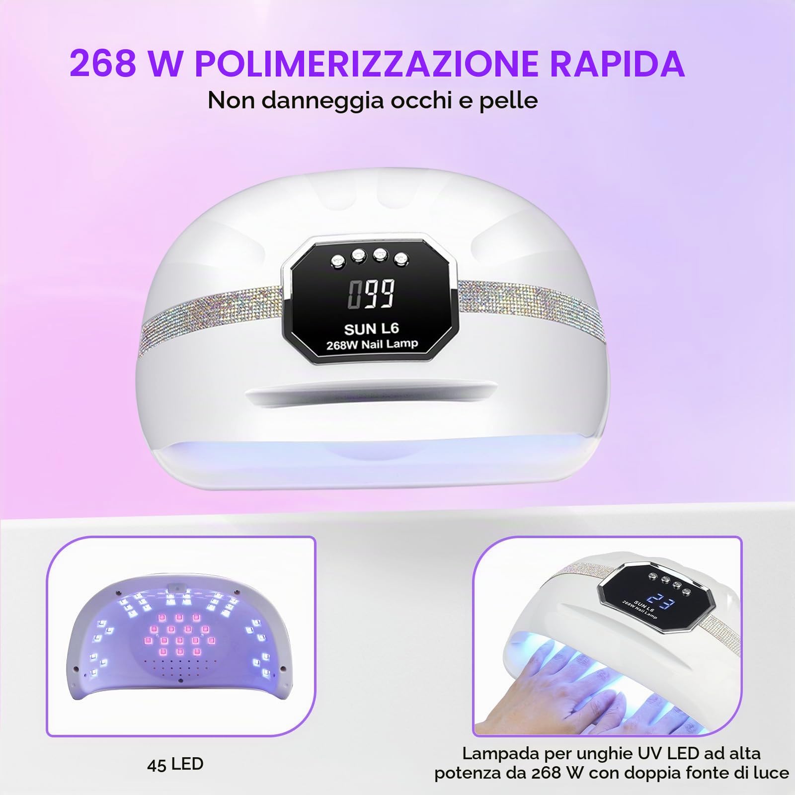 Lampada UV LED Unghie,268W Lampada per Unghie Con 4 Timer e Sensore Automatico,Professionale Fornetto Unghie con 45 LED,Lampada Asciuga Smalto Semipermanente Per Manicure/Pedicure