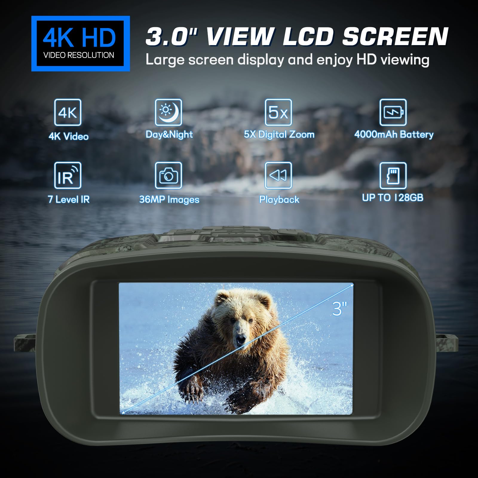 Jumelle Vision Nocturne,Profey 4K HD Portée de Lunette Vision Nocturne de 300m, 4000mAh Rechargeable Vision Nocturne, Zoom Numérique 5X, pour la Chasse, Le Camping,avec Carte 32G
