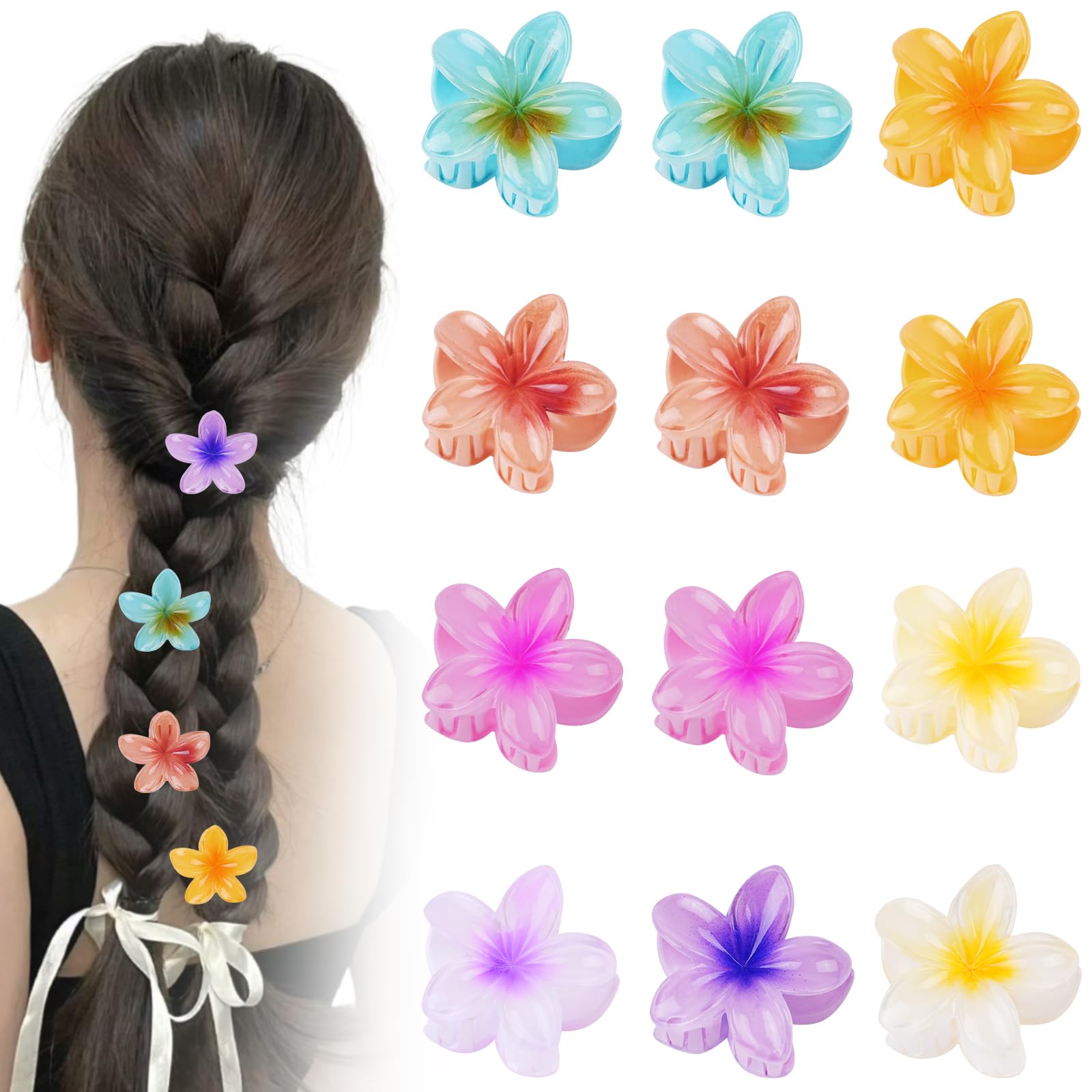 Alaoo 12Pcs Flower Hair Clip, Nonslip Hawaiian Flower Claw Clip Summer Accessories for Medium Thick Hair Women and Girls