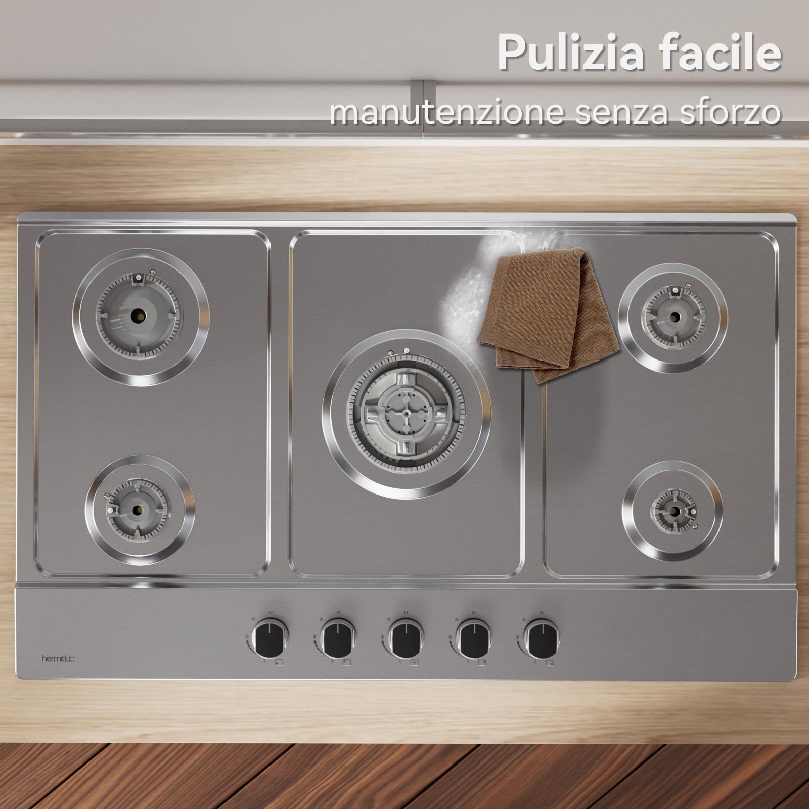 Hermitlux Piano Cottura a Gas 5 Fuochi 85cm da Incasso, per Gas Naturale/Propano, Sicurezza Tramite termocoppia, Acciaio Inossidabile