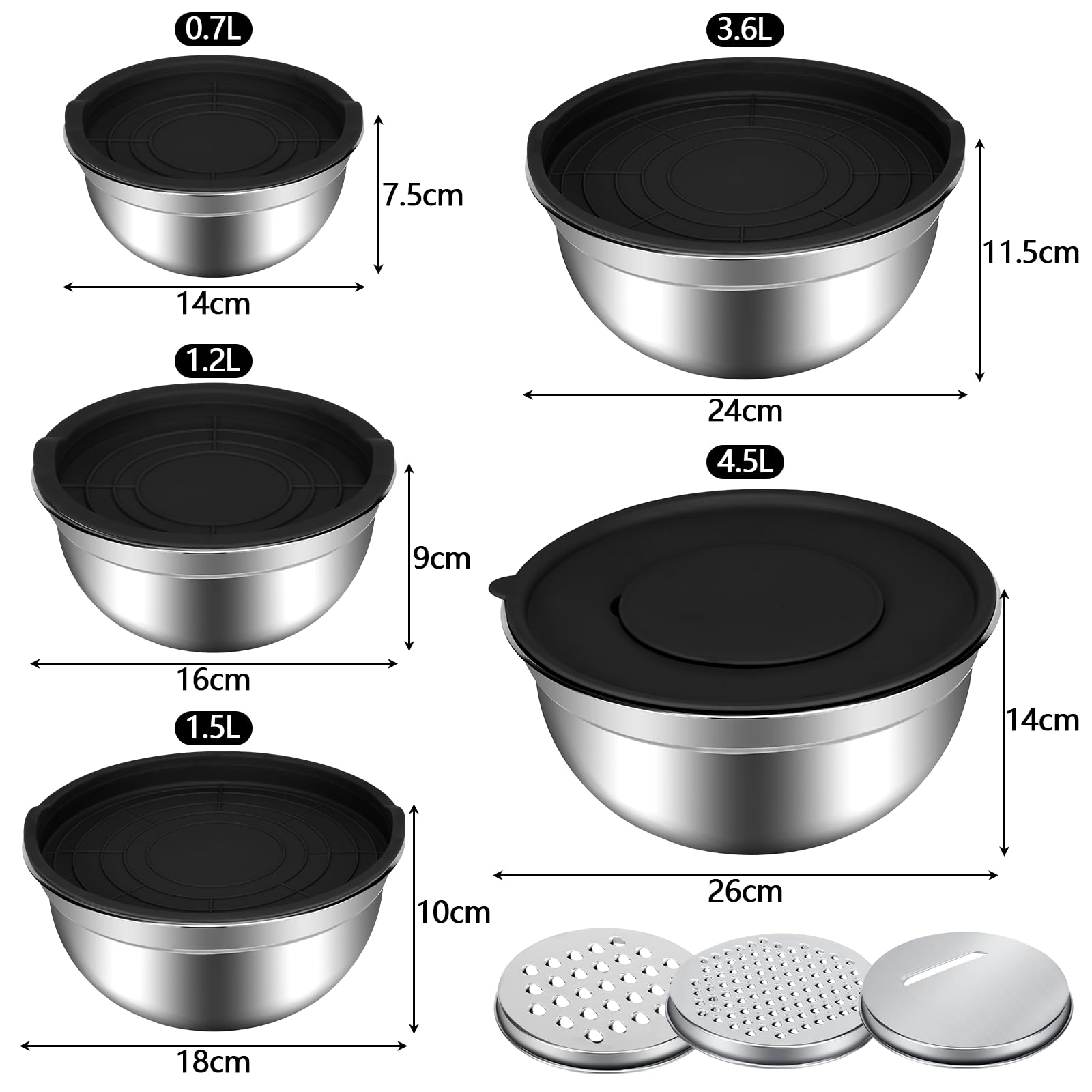 Pavlleen Set 5 Pezzi Ciotole in Acciaio Inox da Cucina, Ciotola Insalatiera-0.7L-1.1L-1.6L-3.6L-4.5L, Ciotole per miscelazione in Acciaio Inox con coperchi ermetico, per Lavorare e Conservare Alimenti