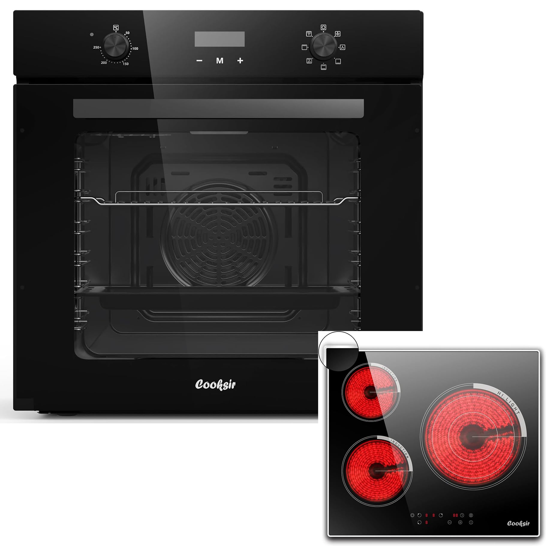 Four Encastrable 60CM avec Prise, 60 Litres, 2000W, 7 Fonctions, Bouton Rotatif+Table de Cuisson Vitrocéramique 3 Feux, 5700W, Plaque électrique Encastrable 60CM