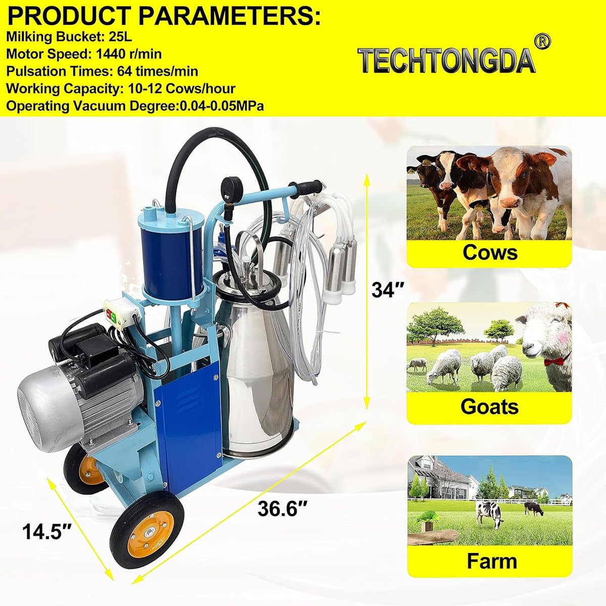 Ordeñadora eléctrica con cubo de acero inoxidable para vacas, cabras y ovejas