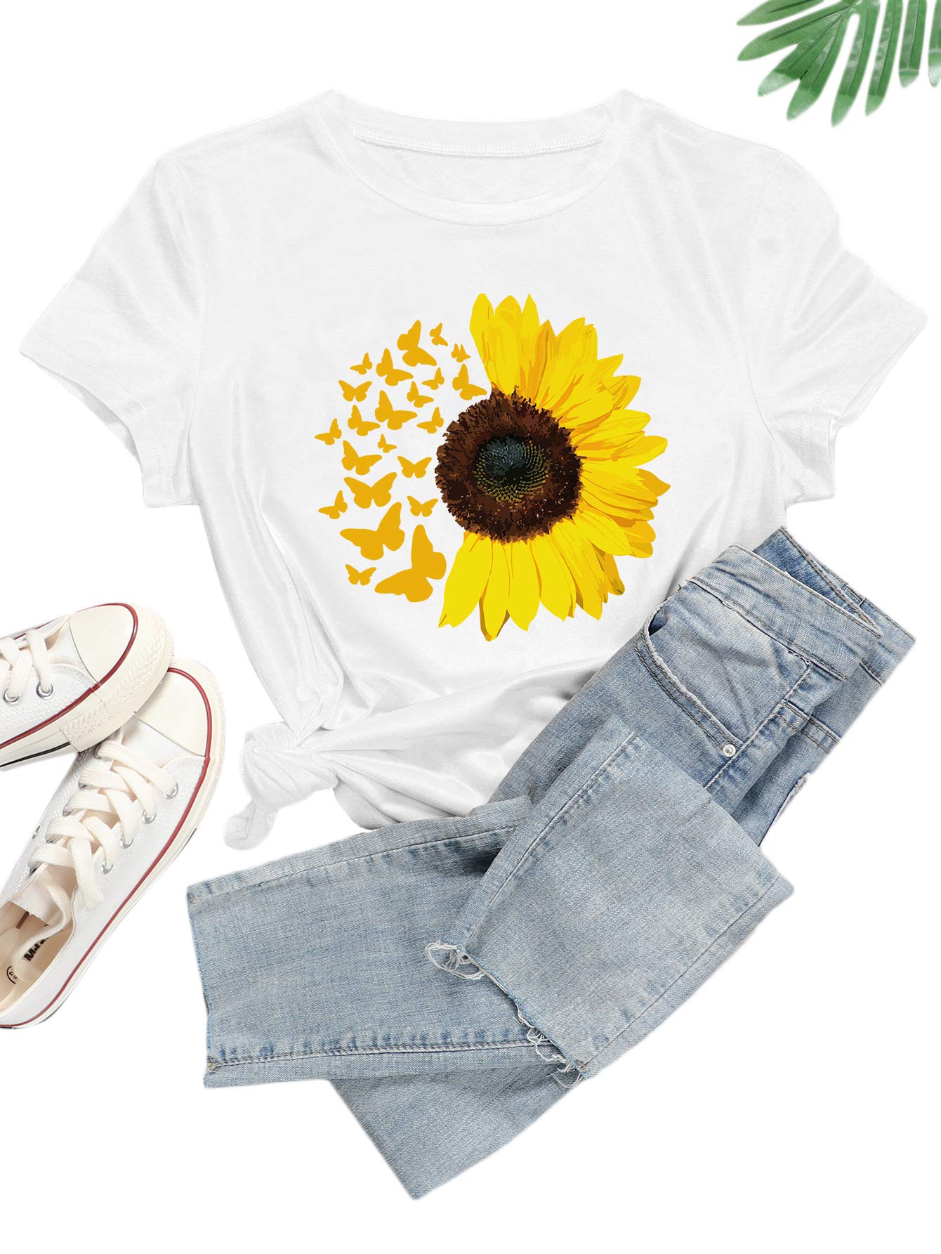 RomweWomen's Graphic Sunflower Print Short Sleeve Casual Blouse Tee Shirts