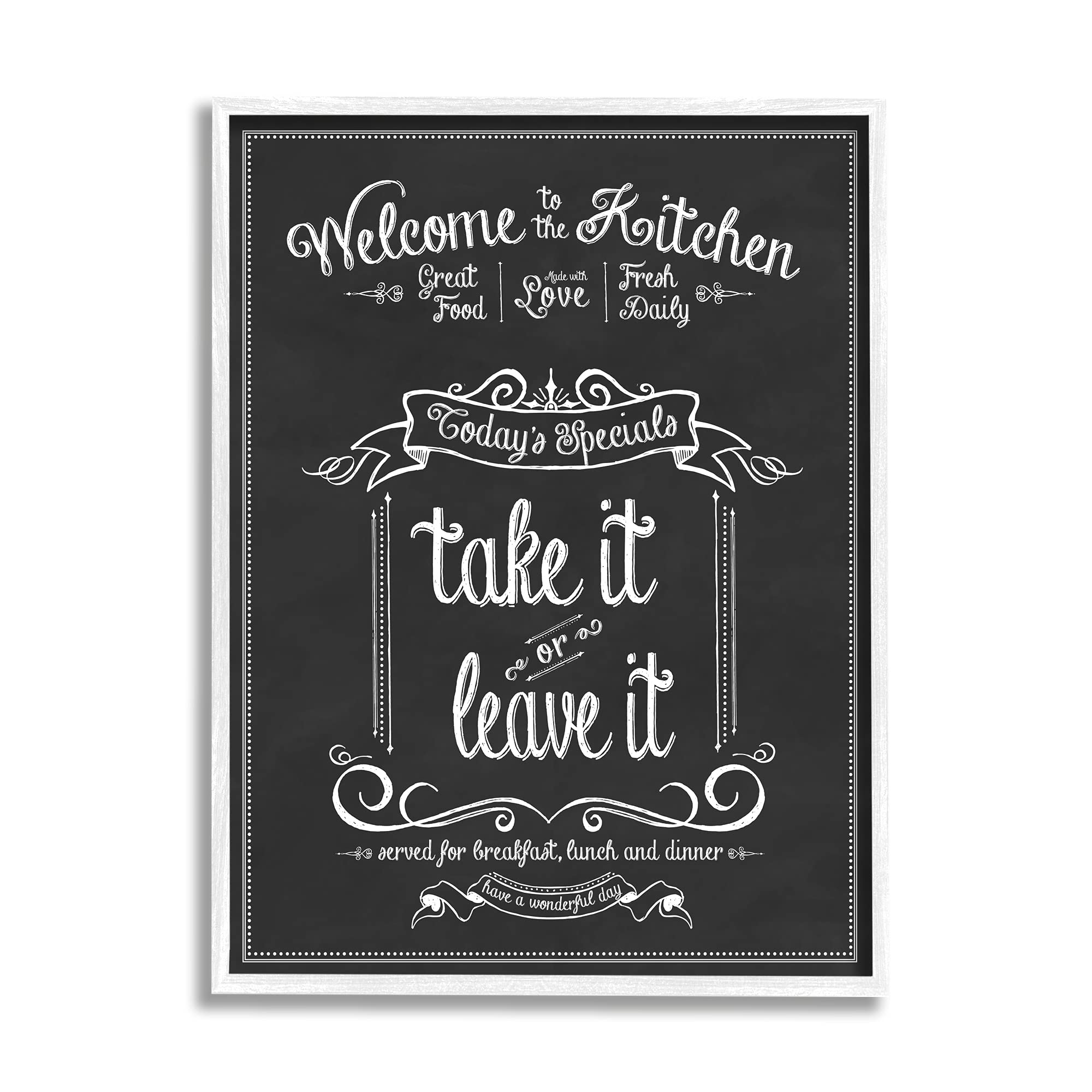 Stupell Industries Welcome to The Kitchen Chalkboard Style Vintage Sign, Design by Lettered and Lined White Framed Wall Art, 16 x 20, Black