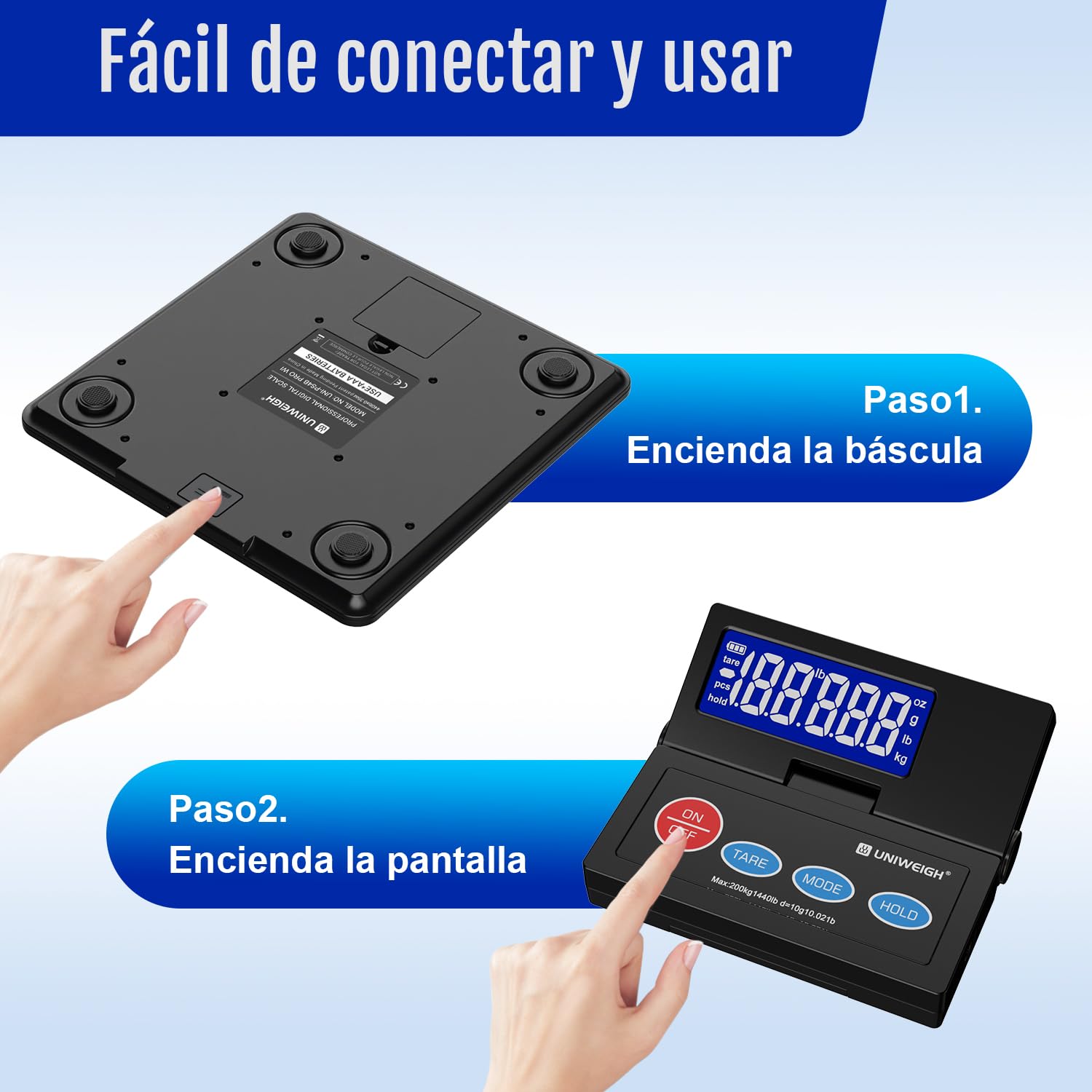 UNIWEIGH Báscula digital para paquetes, 10 g, precisión para paquetes con pantalla LCD retroiluminada, plataforma de acero aleado, funcionamiento por USB A/batería, tara/Hold/Auto-Off, báscula de