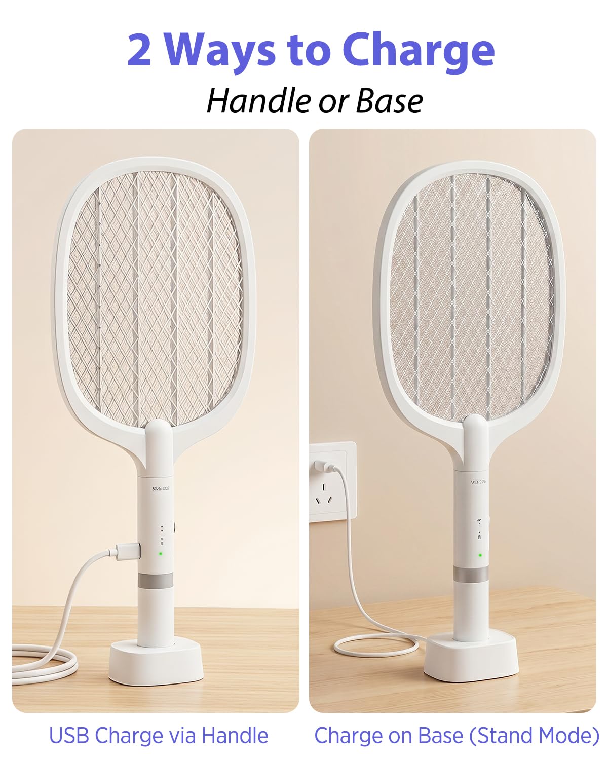 Racchetta Zanzare Elettrica 2 Pezzi, Ricaricabile 4000V, Paletta Mosche con LED Viola, Batteria 1800mAh, Base di Ricarica USB, Griglia a 3 Strati, per Casa, Cucina, Giardino, Interni ed Esterni